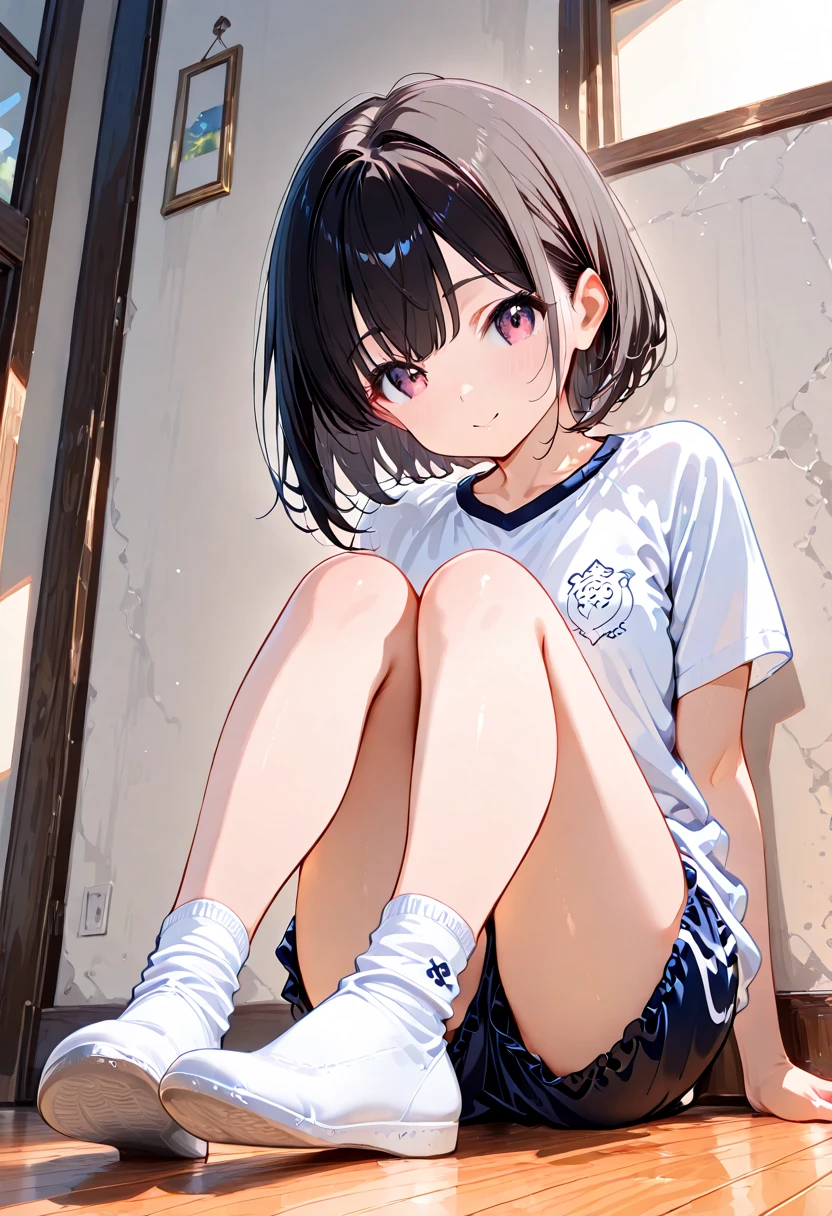 (((((whole body)))))、Youmu, This is a very cute gym uniform 、smile,、Cross-legged、barefoot、