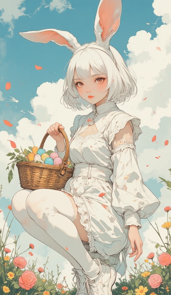 "(best quality, high resolution, masterpiece:1.4)、8k、((Handwriting、Watercolor Pencil Drawing  )) photorealistic、excellent artistic performance, photorealistic、excellent artistic performance. anime style, 1 girl, full body shot,
(Easter bunny girl, white rabbit ears, white dress, fluffy collar, balloon skirt, rabbit tail, white lace tights, white shoes, short white hair, bangs, beautiful face, big red eyes, double eyelids, glossy lips, slender waist, wide ass and thighs),
(holding a large wicker basket, the basket is filled with colorful eggs and candies),
Fantasy theme, staring at the viewer,  style:  hyper details, Soft texture , cinematic light showing me my vagina, dynamic composition, combines sacred purity and luscious romance."
