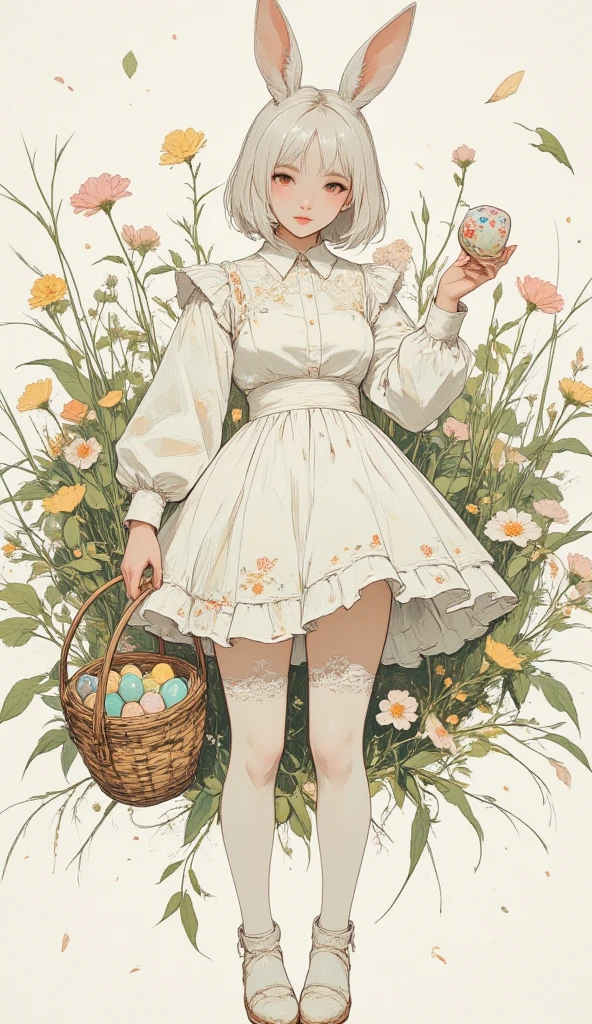 "(best quality, high resolution, masterpiece:1.4)、8k、((Handwriting、Watercolor Pencil Drawing  )) photorealistic、excellent artistic performance, photorealistic、excellent artistic performance. anime style, 1 girl, full body shot,
(Easter bunny girl, white rabbit ears, white dress, fluffy collar, balloon skirt, rabbit tail, white lace tights, white shoes, short white hair, bangs, beautiful face, big red eyes, double eyelids, glossy lips, slender waist, wide ass and thighs),
(holding a large wicker basket, the basket is filled with colorful eggs and candies),
Fantasy theme, staring at the viewer,  style:  hyper details, Soft texture , cinematic light showing me my vagina, dynamic composition, combines sacred purity and luscious romance."
