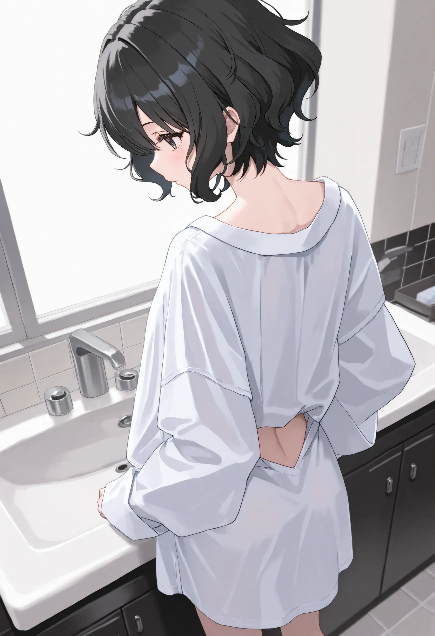 short hair、Gently wavy hair、profile、 sink、oversized shirt、black hair、slightly tilting your back、standing