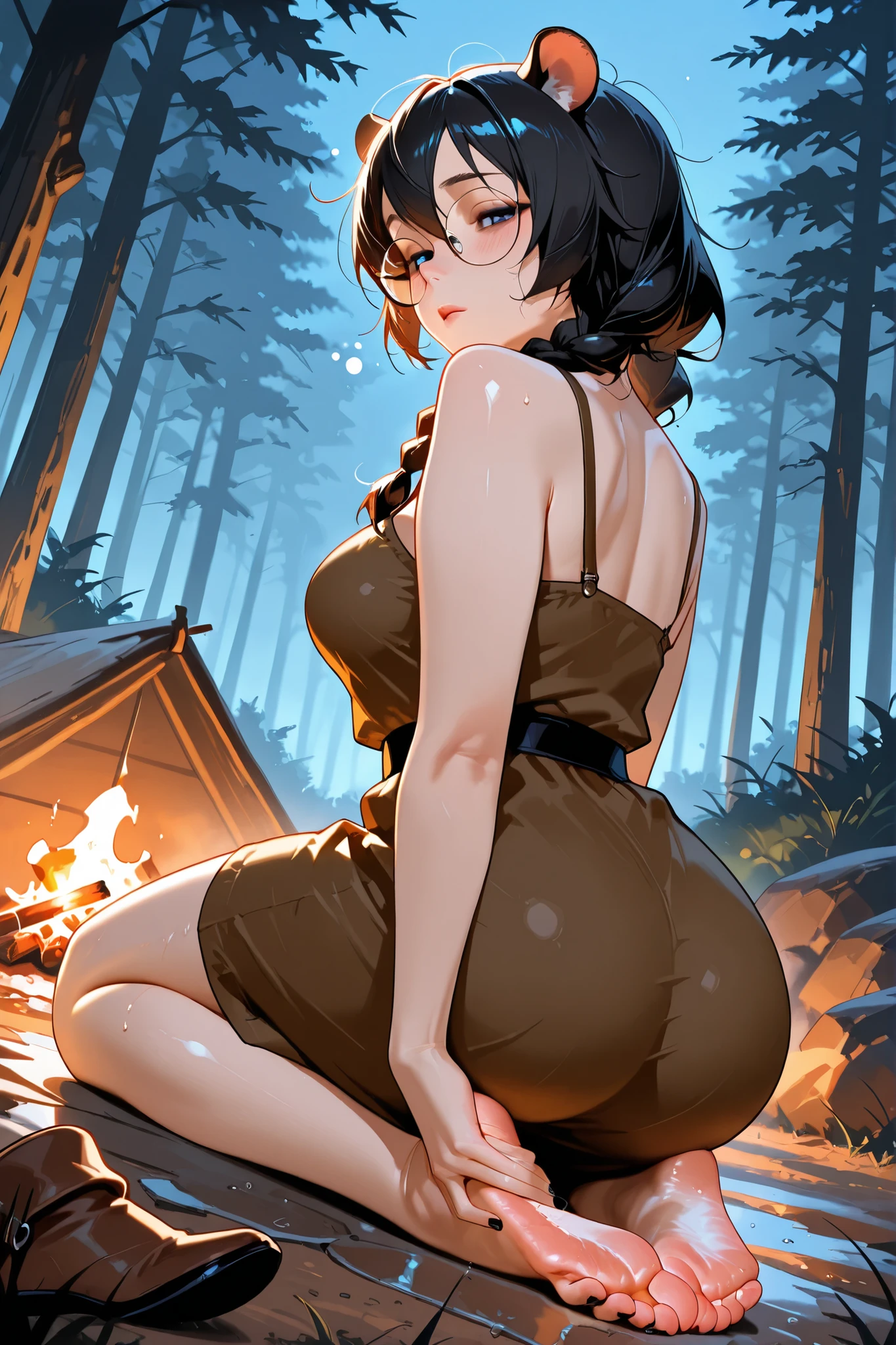 masterpiece, best quality, amazing quality, cinematic lens effect , highly dramatic picture, BREAK, beautiful eyes, ultra cute, ultra sexy, ultra bouncy , beautifully shaped breasts, medium sized breast ultra detailed, 8k, dutch angle, medium full length, (solo, solo anime girl, one girl), ((Supermodel)), Anime, blush, (flush, drowsy, sleepy, relief face, looking relieved), medium length hair, messy hair, black hair, long hair, twin braids, hamster ears, ears on top of head, animal ears, kemono mimi, medium breasts, thick, big girl, tall female, young female, physical fat, fat hips, blue eyes, round glasses, bags under eyes, smooth skin, black nail polish, black toenails, (medieval adventurer clothes), ((((barefoot)))), pubic hair, best quality, semirealistic, cowboy shot, BREAK in a camp, campfire, night forest, dark forest, dim light, stinky socks and brown leather boot discarded on the floor, hand on one foot, ((she's massaging her own foot)), foot on knee, hands on foot, soles, toes, foot focused, sweaty, steamy feet, steam around feet, sexy soles, BREAK round feet, chubby soles, chubby feet, realistic feet, realistic soles (((ultra accurate feet))), (((ultra accurate toes))), ultra accurate hands, masterpiece, best quality, amazing quality, very aesthetic, absurdres, newest, super detailed, extremely detailed, ultra realistic, black toenails, black nail polish, soles are in positions that highlight their arches close to viewpoint, various foot positions, blushing intense, blushing lines, in the air, legs in the air, low opened eyes, another manga panel shows different poses, kneeling, looking back at viewer, sitting on her knees, sitting in seiza, her shoes and socks are seen nearby discarded, high arched soles, soft soles, pale soles, detailed ankles, 4K, foot focused and sole focused, foot fetish, low foot angle, hd res, her soles very close to viewpoint