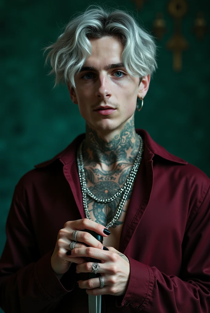 Shirtless man with old school style tattoos, he has white hair and a silver chain around his neck