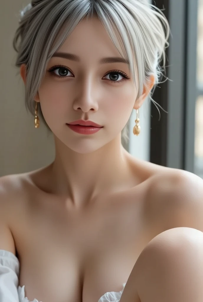 ((wallpaper 8k)), ((Surreal)), ((Quality in every detail:1.2)), 1 girl, 14talent、Kind eyes、Fuller lips、Grey Hair、Malaise、(((Small breasts、Small breasts、Areola:1.1、Nipples)))、black elegant dress,Black capelet, look up, Widespread poverty, Shortcuts、Shorthair Twin Tails、Grey Hair:1.5、White skin、