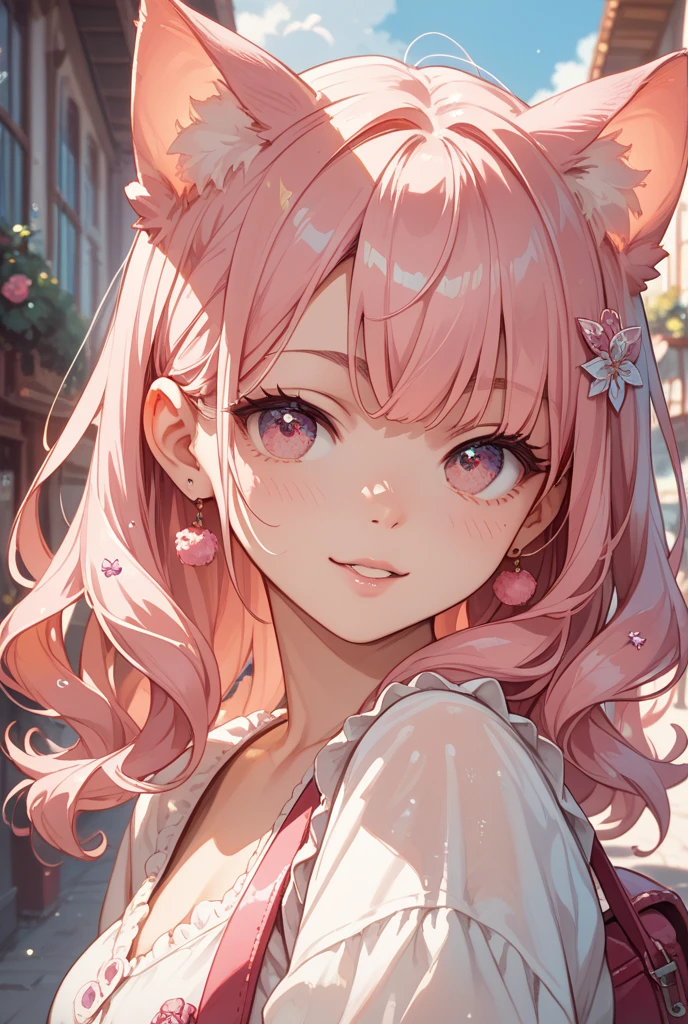 1girl, fox ears, animal ears, blonde curly hair, freckles, body freckles, pink eye, upper body, pink skin,