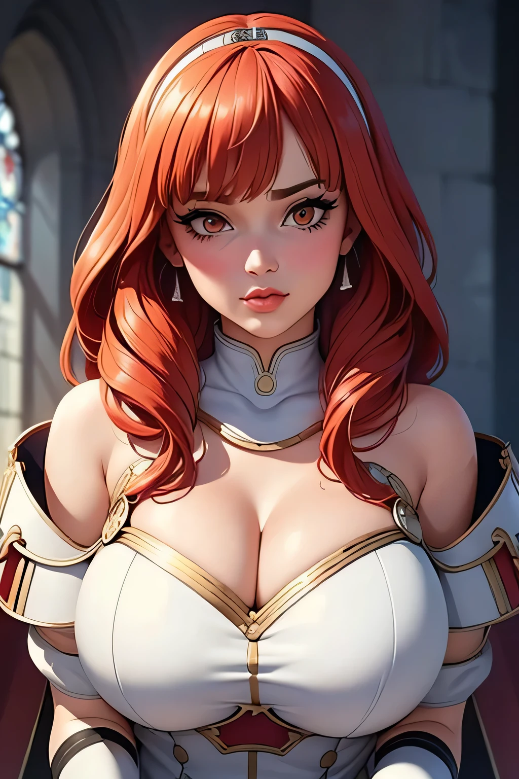 a sexy beautiful model with green eyes, red straight shiny hair, 50mm portrait , glamour, soft curves, full wet lips, big boobs, perfect eyes, perfect face, big eyes, wear a silver chest plate and full armor, grassfield scenario, sfw, non-nudity, 4k, detailed, ultra detailed, 8k, awesome, gorgeous, she wear a necklace, wear a crown made of silver, cover all body, she's is a queen, have a castle in the background, she's a beauty queen, red hair, ginger, red head,straight shiny hair, high quality model, high contrast detailed lips, 4k resolution, perfect pupils, insanely detailed faces, HD, beautiful realistic eyes, fantastic face, perfect facial features, heavenly beautiful look, beautiful woman, amazing stunningly beautiful, most beautiful women ever