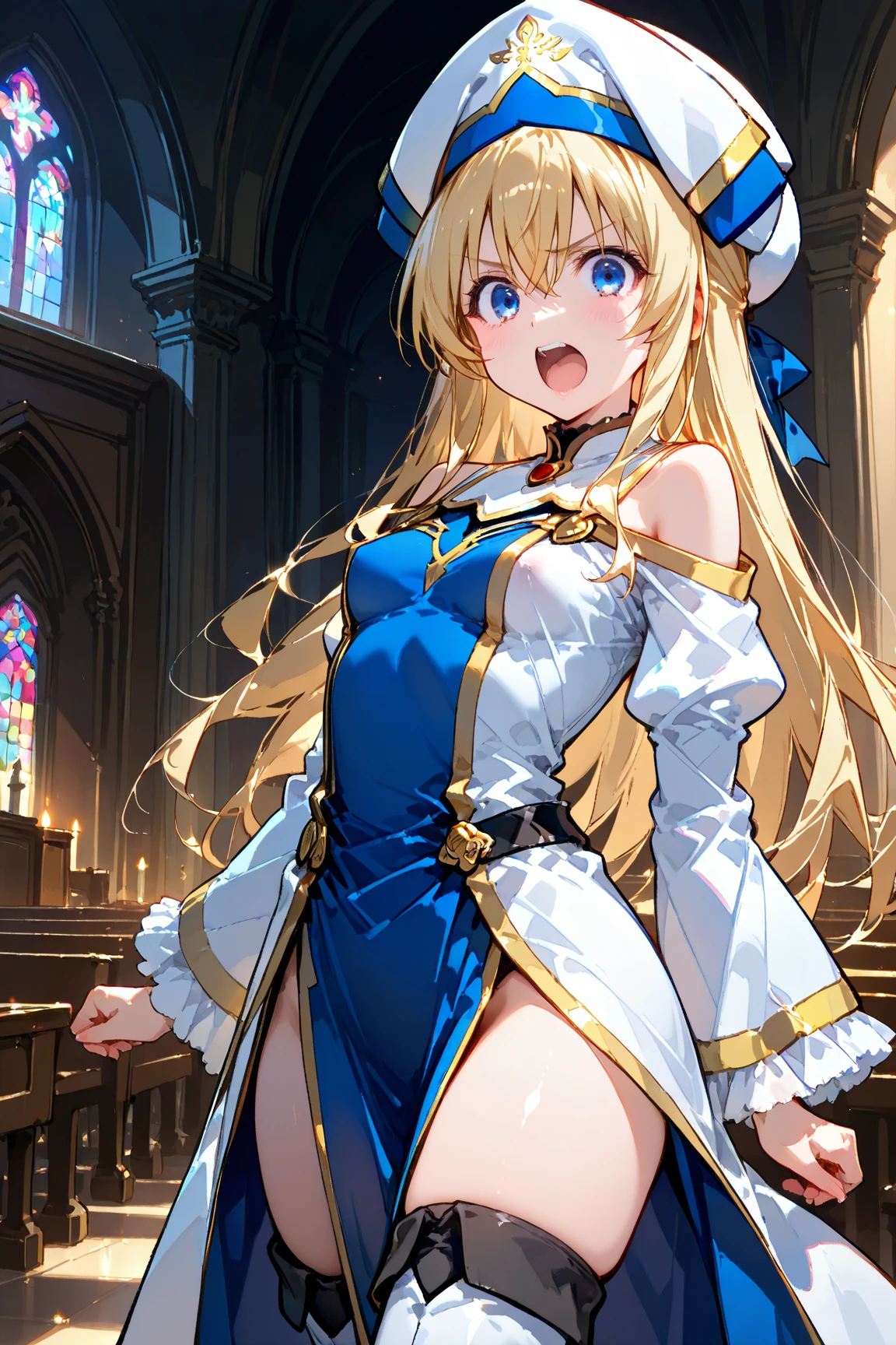 (masterpiece, best quality:1.2), 1girl, solo, blond hair, blue hairband, blue hair ribbon on the left, white-blue breast, black gloves, knight skirt, Solid color background