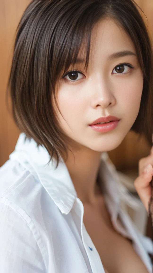 ((8K:1.27)、beste-Qualit、шедевр、Super-High Resolution:1.2)photo beautiful Japanese woman(pleasing:1.1) (White shirt:1.21) Design by Gregg Lutkowski and Alphonse Mucha Intricate Elegance、Fantasia、the detail、Geometry、Gradient lighting、1girl in、Delicate skin、looking at the viewers、Brown-eyed、(short hair with bangs:1.2)、(The chest is large and firm.:1.0)、(The areol:0.8)、(realisitic:1.4)、(beste-Qualit:1.0)、(Super-High Resolution:1.0)、8K、Raw photography、(шедевр:0.2)、(pureerosface_v1:0.5)、 Sheer white clothing、Clean chest、