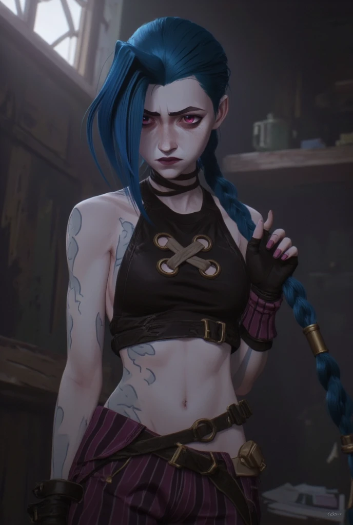 Panoramic view, Roof of the building, city below, Fantasy City, The camera looks at Jinx from above., Like in a computer game, Jinx's character design, Dynamic movements, Standing Half-Sideways, stands on the edge of the roof, Fantasy City, City of Piltover, night, explosions, fire, smoke, Sparks, Purple Flashes, sexy pose, beautiful figure, Arcane Curse, Bright blue and purple Sparks all around, Brilliant eyes, Pink Brilliant eyes, длинные hair, hair, braided in long braids, Pigtails hang below the knee, Hair color changes from bright blue to navy blue., Dressed in brown breeches, leather boots on the feet, Top with four gold circles on the chest in the middle of the chest., Blue cloud tattoo on shoulders and waist., long bangs, hanging on the right side, Belt with cartridges on belt, Secret style, чрезвычайно подробные обои CG Unity 8k, detailed light, Cinematic lighting, Chromatic aberration, sparkling, inexpressive, epic composition, dark in the background, Chereter Design, Very detailed, detailed body, Vibrating, detailed face, sharp focus, anime art, Vibrating, detailed face, Hugh Details, sharp focus, Very downcast face, Detailed eye, Super lovely illustration, best shadow, finely detail, beautiful detailed glow, beautiful detailed, extremely detailed, inexpressive, epic composition,