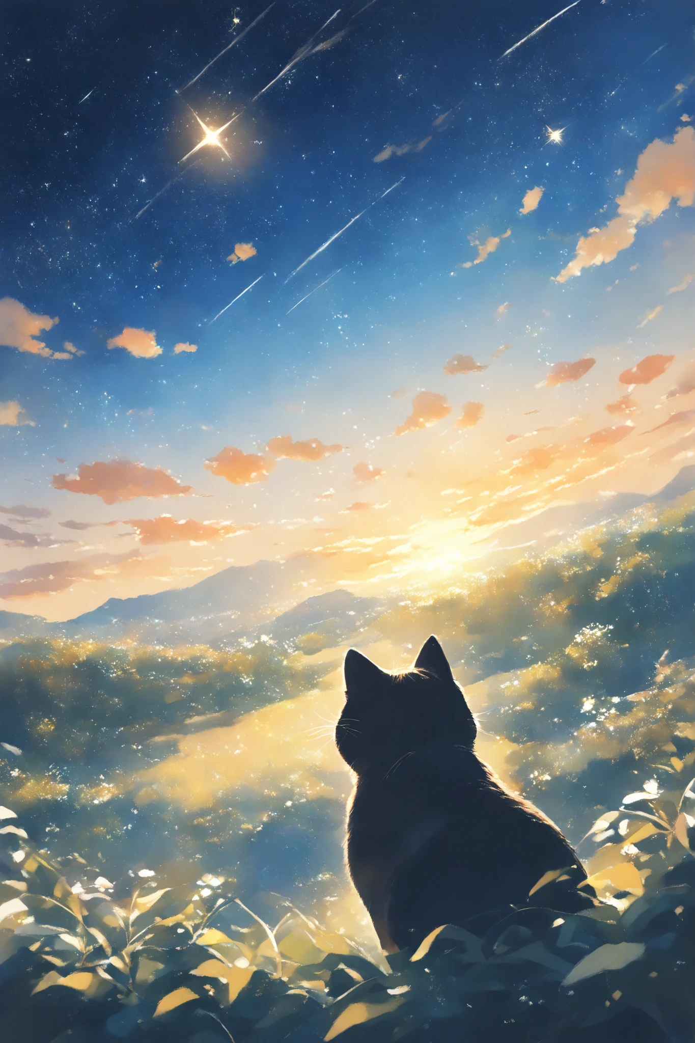 (masterpiece:1.2),(best quality),(best quality),(high quality),( surprisingly absurd :1.2),watercolor、thick line drawing 、The gentle touch of the picture、 A scene from the story 、((Dusk and starry sky))、Depiction of the sky and back view of a cat looking up、 cat story 、cute cat