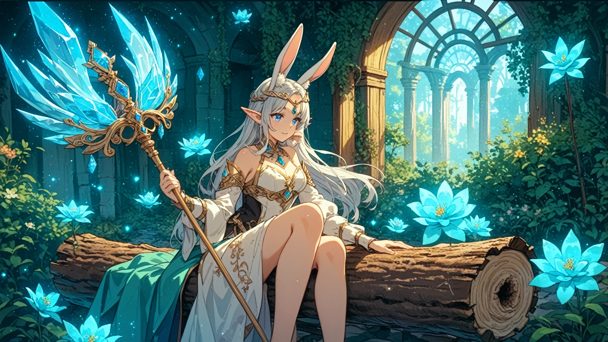 The style is dreamy, with the sharp eared elf guardian suspended in the gentle moonlight in the forest. She is dressed in a robe, surrounded by soft light, and the background is a dream forest forever shrouded in moonlight. The camera is panoramic, full of mystery and tranquility, (masterpiece, best quality, Professional, perfect composition, very aesthetic, absurdres, ultra-detailed, intricate details:1.3)