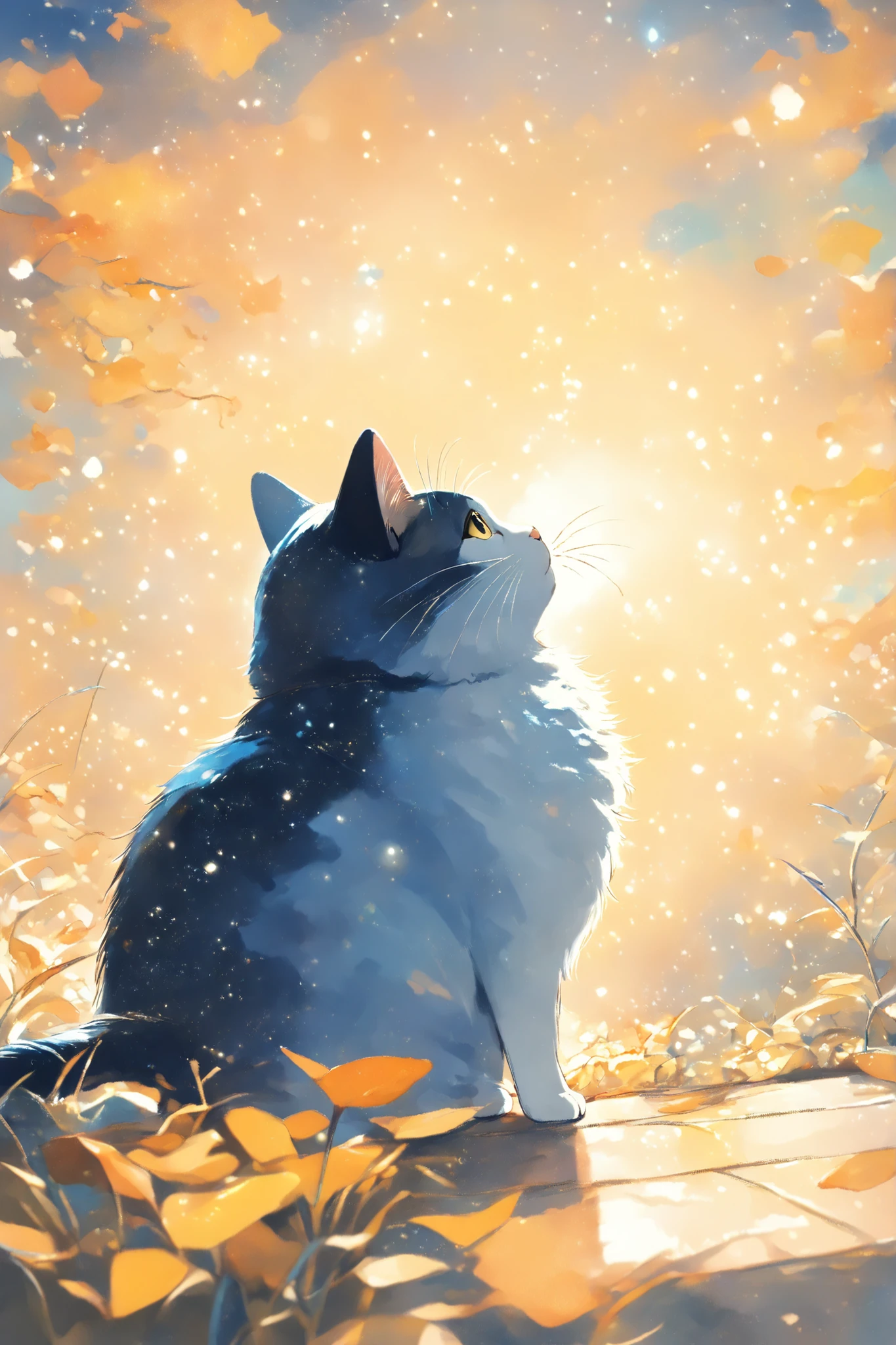 (masterpiece:1.2),(best quality),(best quality),(high quality),( surprisingly absurd :1.2),watercolor、thick line drawing 、The gentle touch of the picture、 A scene from the story 、((Dusk and starry sky))、Depiction of the sky and back view of a cat looking up、 cat story 、cute cat