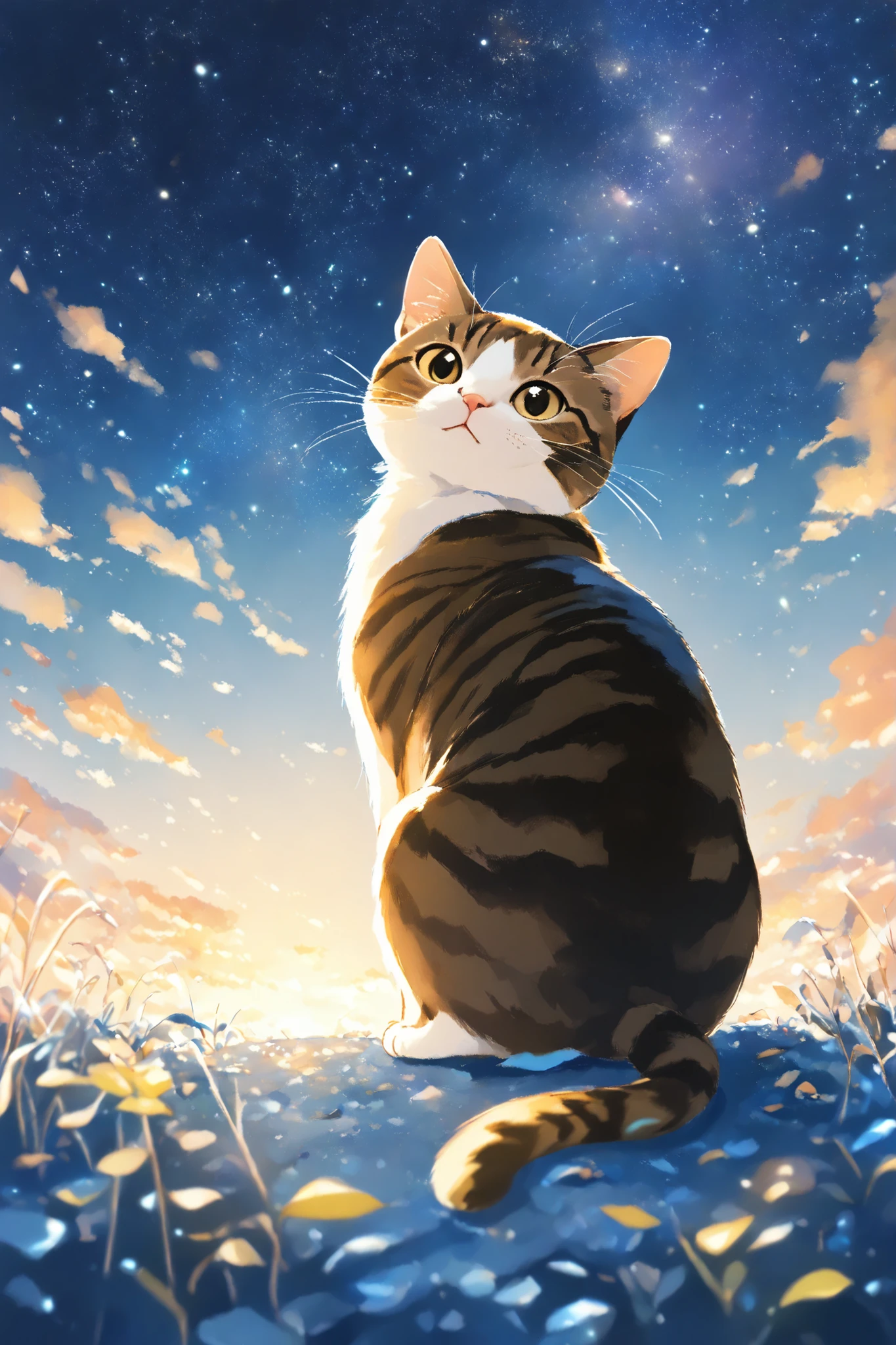 (masterpiece:1.2),(best quality),(best quality),(high quality),( surprisingly absurd :1.2),watercolor、thick line drawing 、The gentle touch of the picture、 A scene from the story 、((Dusk and starry sky))、Depiction of the sky and back view of a cat looking up、 cat story 、cute cat