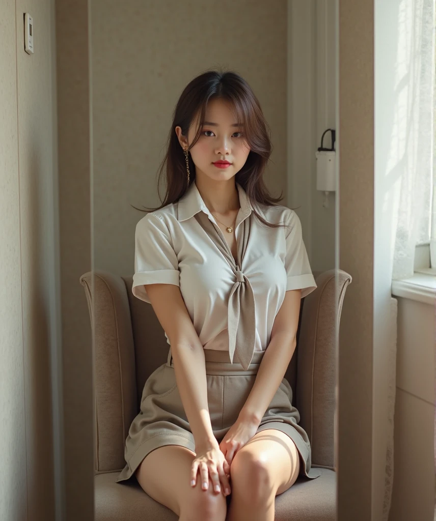 8k, Raw photo, highest quality, masterpiece:1.2), masterpiece, highest quality, figure, Very detailed, Fine details, High resolution, 8k,wallpaper, Perfect dynamic composition,(Detailed high quality, Realistic depiction of eyes:1.3)、A woman who has been  and has her hands tied、Arms wrapped around his back、Sitting with legs spread apart on a chair in a room、White panties are visible、Facing forward、２１talent、Beauty、Well-formed face、Make your eyes even、Beautiful black hair、Has bangedium build、Well-balanced proportions、Beautiful legs、Short sleeve blouse、Long skirt、Crying face、