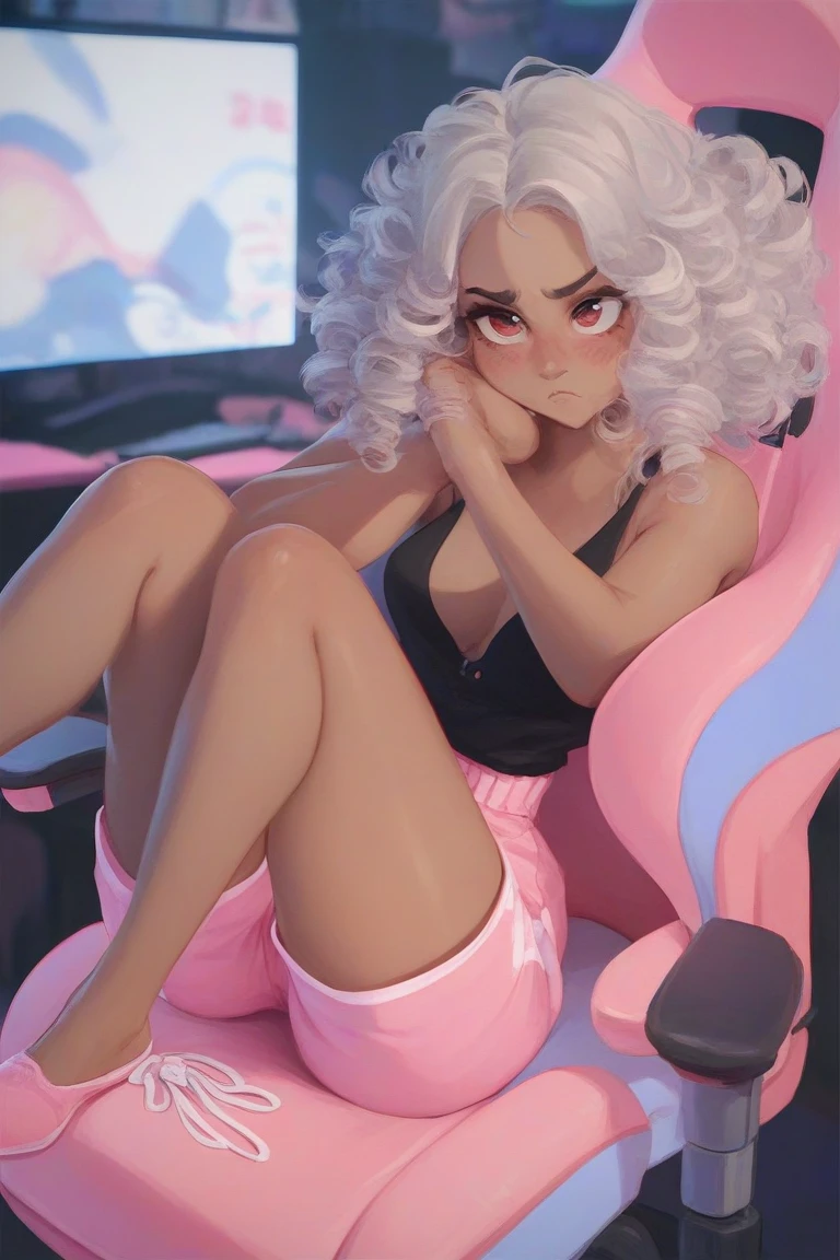 5-year-old girl with white hair，White erotic underwear，Positive perspective，Spread your legs apart with your hands，lying on sofa，Sweat on the legs，Pink tender，