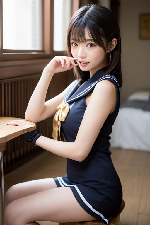 (Silver Hair))、((Short Hair))、Fox Ears、Japanese women、high school girl、16 years old, Anatomically correct, Perfect Anatomy, very cute, beautiful, (Sailor suit:1.2), ((Embarrassing:1.3)), blush、(classroom、Sitting), (masterpiece、Highest quality:1.3)、Best lighting、High resolution、(8k, High resolution:1.2), (photograph, Realistic:1.2)、Cowboy Shot、The face is in focus、(concentrate, Symmetrical pupils:1.2)、beautiful肌、Natural Makeup、Gloss Lip, High-definition hair texture, (View your viewers:1.2), Medium Hair (Multiple Angles:1.2), (Small breasts, Cleavage:1.1), (hug my chest:1.1)