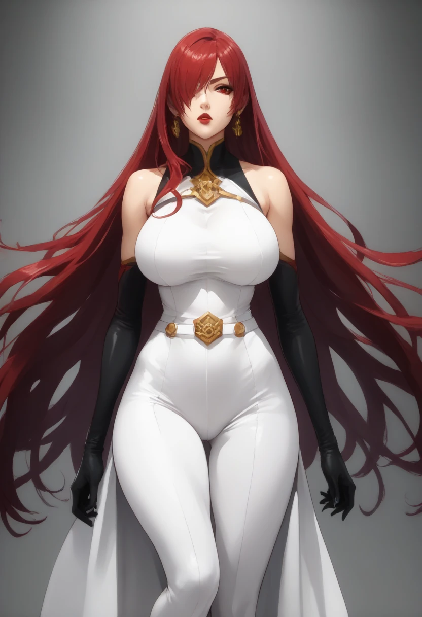 ((best quality)), ((4k)), ((highres)), ((masterpiece:1.2)). ((detailed)), ((ultra realistic)), ((intricate details)), ((full body picture)), ((character design sheet)), ((blank background)), ((standing in a blank background)), solo character, a full body shot of a sexy pale female, inhuman pale skin, pasty white skin, ((vampire pale skin))), ((ghostly pale skin like kratos from god of war)), redhead, ((vivid red hair)), long braided low ponytail, ((long braided low ponytail)), slicked back hair, sexy and dangerous, evil smile on her face, ((evil smile)), about 30 years old, about 6'0 ft tall, athletic frame, character concept art, female executive, white blazer suit, white dress pants, work pants, white outfit with black details and gold adornments, ((predominantly white outfit)), ((showing cleavage)), gold office heels, fighting game character concept art, tekken character design, the king of fighters character concept