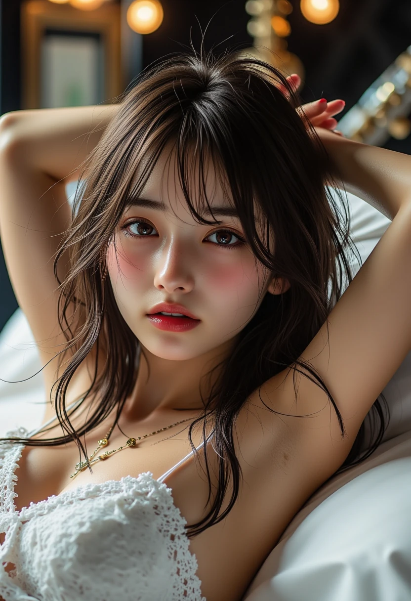 1 person, Highest quality, masterpiece, Ultra-high resolution, (Realistic:1.4), RAW Photos, 1 person, short hair, Transparent spaghetti strap shirt, Cinema Lighting, Half Body Portrait, Half Body Shot, Bedroom, Naked but covered with a blanket, Shortcuts, capricious lighting, Enchanting atmosphere, Bokeh, Dreamlike decorations, capricious lighting, Enchanting atmosphere, Sleepy face, close your eyes, Lying on the futon, Hug with a pillow
