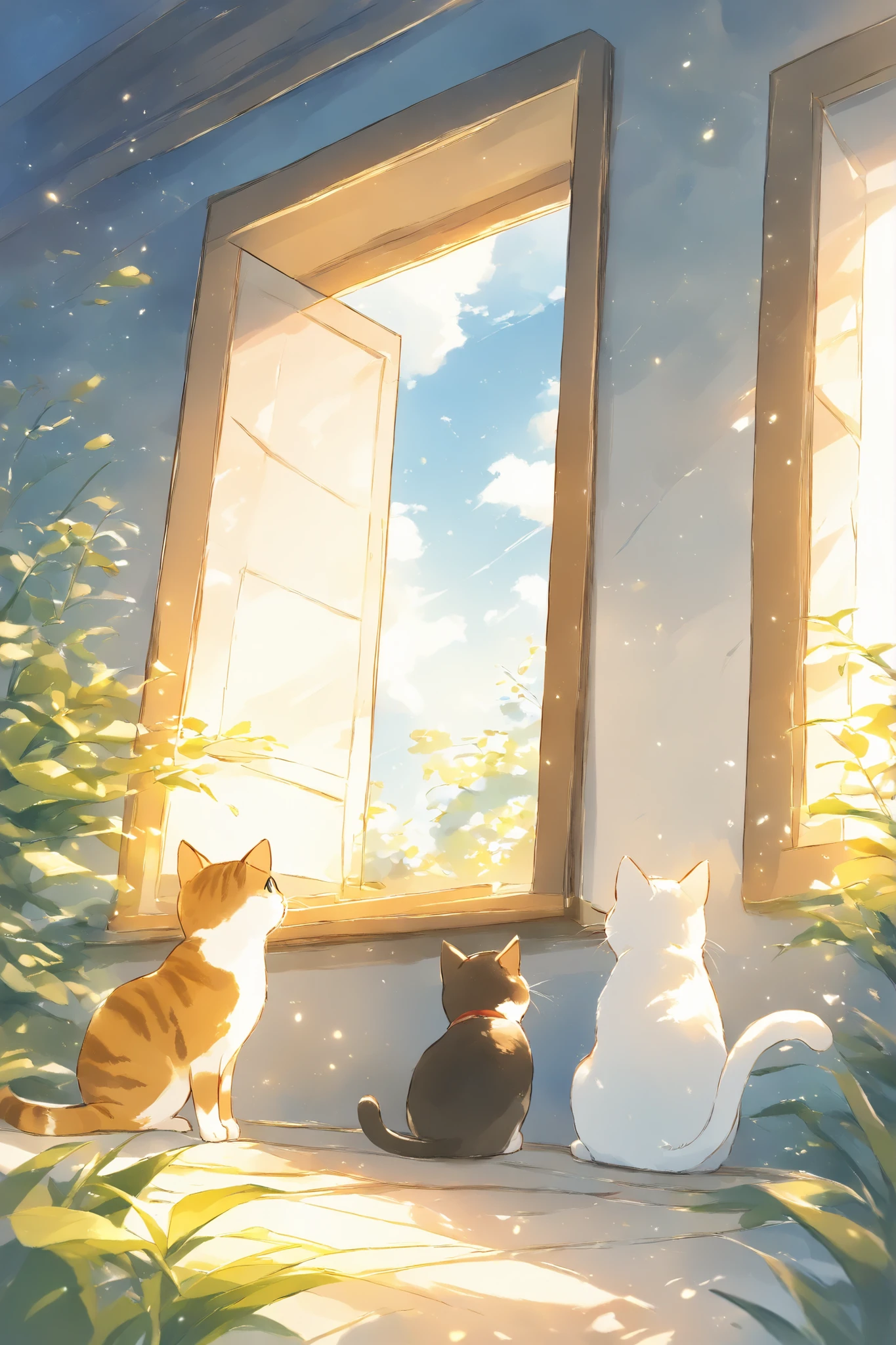 (masterpiece:1.2),(best quality),(best quality),(high quality),( surprisingly absurd :1.2),watercolor、thick line drawing 、The gentle touch of the picture、 A scene from the story 、The Border between Night and Day、Depiction of the sky and back view of a cat looking up、 cat story 、cute cat
