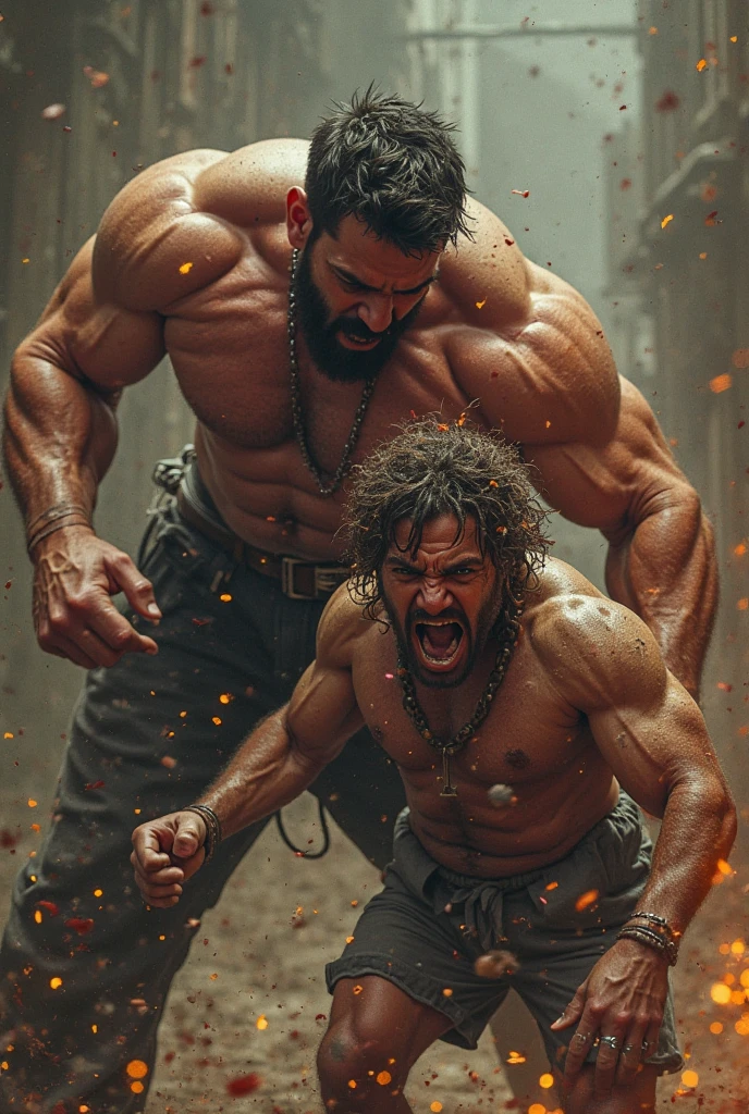 Indian gym man flexes hamstring while trampling on opponents back as he lies on his stomach with timberland boot in domination style