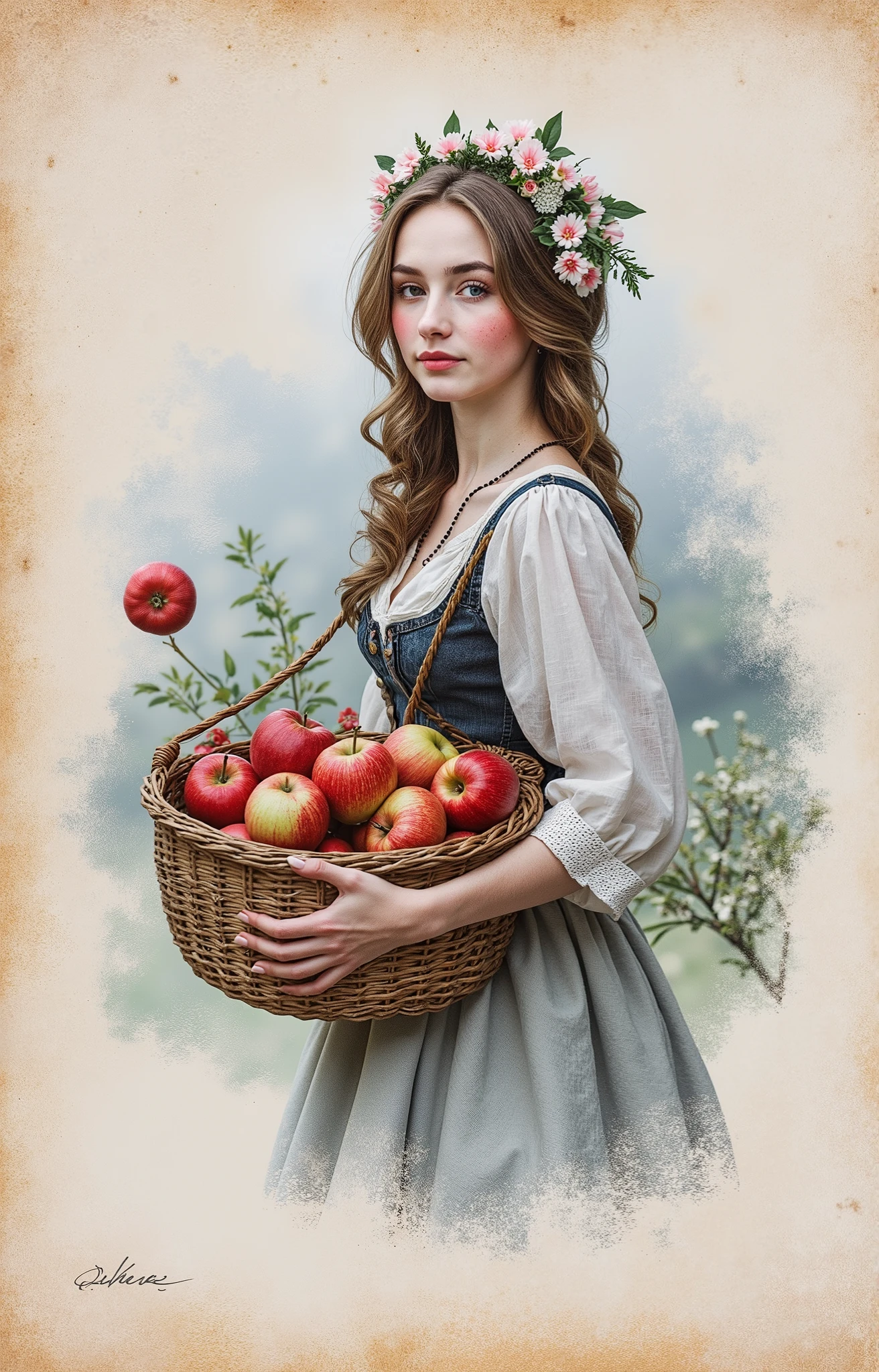 a close up of a picture of a woman with a basket of apples, inspired by Carl Larsson, by Zsuzsa Máthé, inspired by Elsa Beskow, vintage european folk art, petite girl, by Jan Stanisławski, by Margaret Leiteritz, by Grytė Pintukaitė, lady