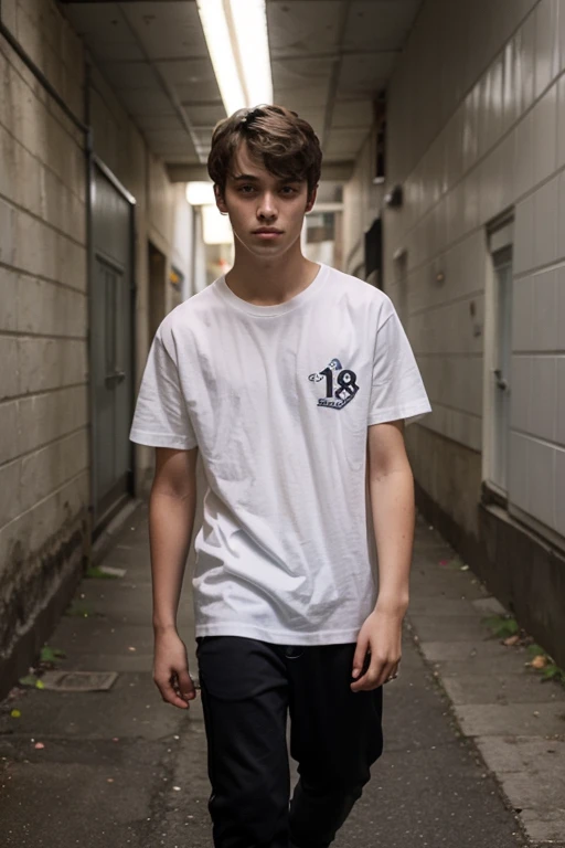 A sixteen year old boy, broken and disheveled light brown hair, light brown eyes, a scar on the right cheek, White long-sleeved t-shirt with a brand print in the middle, black pants and white tennis shoes