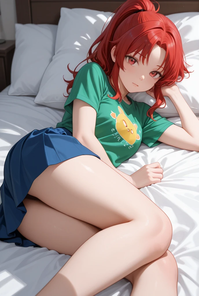 ((masterpiece)), ((best quality)), (((cute))), ((extremely detailed)), ((anime coloring)), 4K, (8K), full body shot, (pov), a cute anime Female in her 20s, solo, (tan:1.5), (beautiful red hair:1.4), (green tareme:1.4), ponytail, (curvy), night, bedroom, on the bed