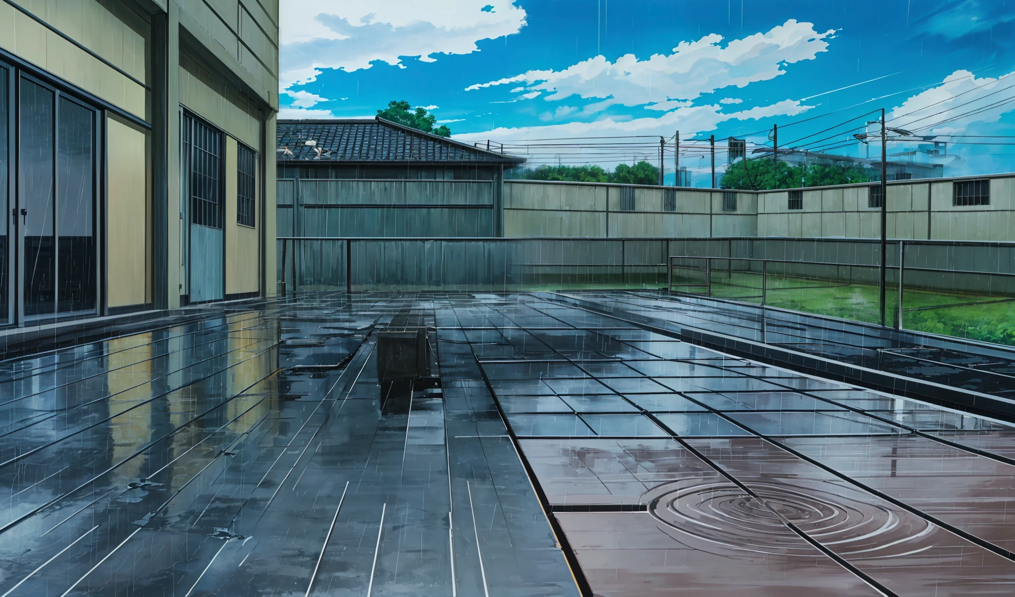 Drawn in 80’s anime art style.
Retro anime. Vintage Anime. Classical Anime.
Rainy Japanese School Rooftop
Rain fell softly on the school rooftop, tapping against the metal fence and pooling on the concrete floor. The sky above was a dull gray, clouds hanging low as mist curled around the edges of the rooftop rails. The usual view of the city was blurred, lost behind sheets of rain.
A lone umbrella sat near the door, forgotten or left behind. Water dripped steadily from the overhang, each drop echoing in the quiet. The wind blew gently, making the rain slant sideways and rustle the fabric of a soaked school uniform.