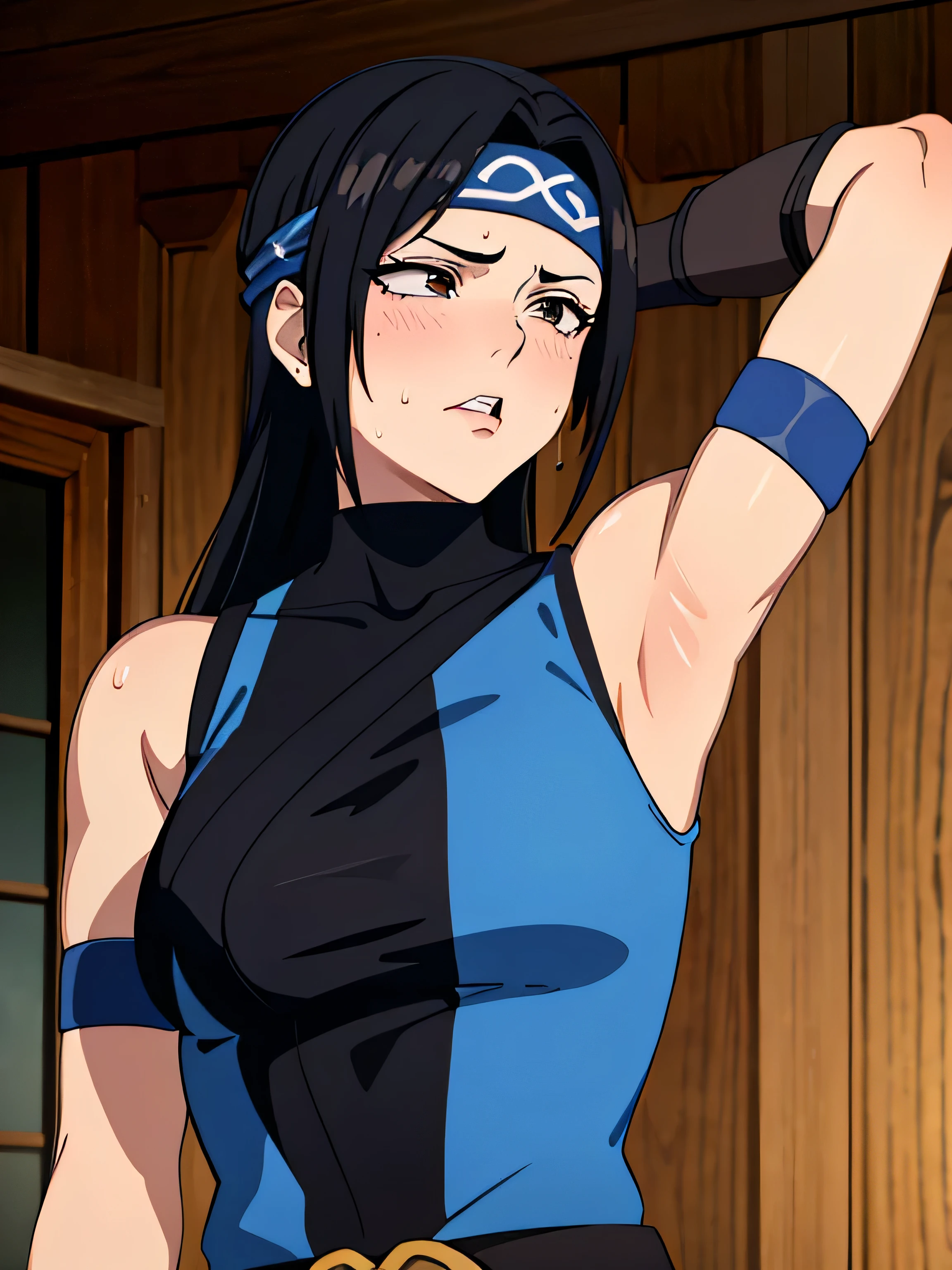 Kitana, human woman with wheatish skin,sleeveless.She has brown eyes and blackish blue clothing. Her hair is black in color; She is beautiful.Tsundere face.,mature appearance,armpits,sweat,sweaty,sweaty armpits,arms up,showing armpits,awesome armpits,outfit,blackish red arm warmers,blackish blue arm bands,black arm warmers, wearing Konoha headband,wearing blue face mask
