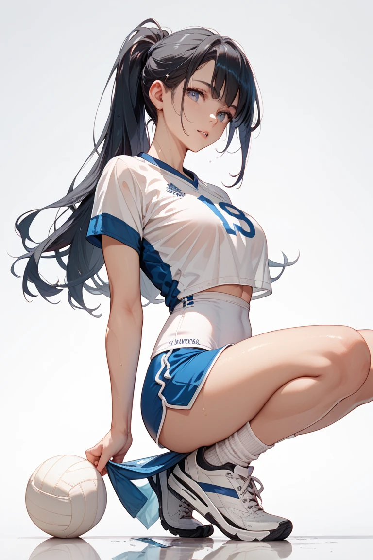 (Best quality, 8k, 32k, Masterpiece, UHD,:1.2),RAW, 1girl,ultra cute , natural lighting,transparent shining eyes, 20yo ,fair complexion, (ecstasy:0.8) ,(slut:0.8), (vulgarity:0.8), (fucked silly:0.8),(steam:0.8),(trembling:1.3)),((track and Field uniform )) ,From Behind and Below, kneeling, body-fitting, White background, Cowboy shot