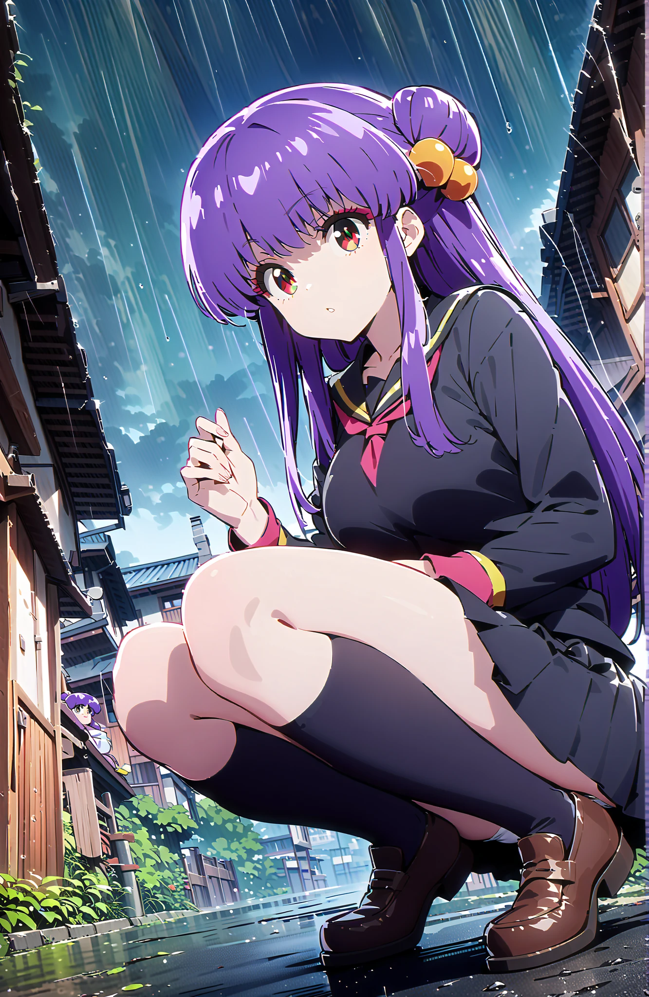 score_9, score_8_up, score_7_up, source_anime, shampoo, shampoo (Ranma 1/2), long hair, hair ornament seen from the side, Red Eyes, purple hair, hair bun, double bang, Medium breast, Black Sailor Suit, black mini pleated skirt ,Black thigh high socks,loafers,white panties,squatting,Holding an umbrella in one hand,angle from below,rain,cloudy,full bodyがillustrationsに入るように,in their 40s outdoors, residential area,
in their 40s looking at viewer,full body,
in their 40s (masterpiece:1.2), best quality, high resolution, Unity 8k 壁紙, (illustrations:0.8), (beautiful detailed eyes:1.6), highly detailed face, perfect lighting on the table, extremely detailed CG, (perfect hand, perfect anatomy),
