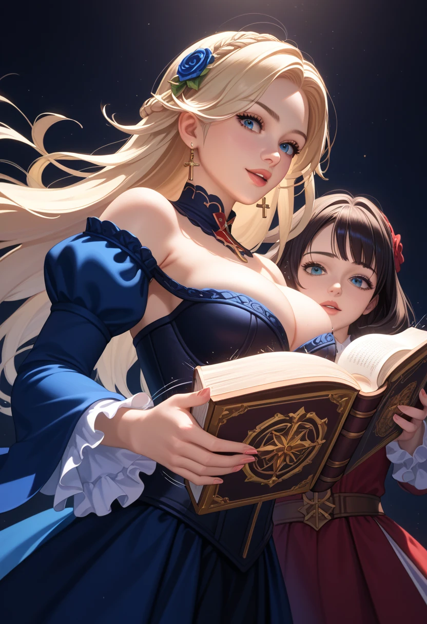 big breast queen reading a book to the princess in bed, cute birds , fairytale