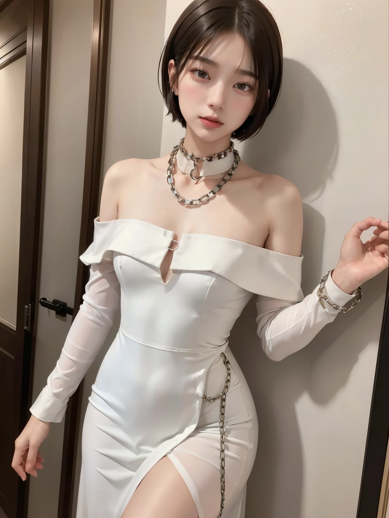 (Androgynous beautiful man:1.3)、(Bob Hair)、(best quality:1.4)、(masterpiece:1.4)、((masterpiece))、 RAW photos 、8k、((best image quality))、 ((high resolution))、brown hair、(Thick chain collar:1.3)、White Party Dress、Long dress、Off Shoulder、sexual excitement