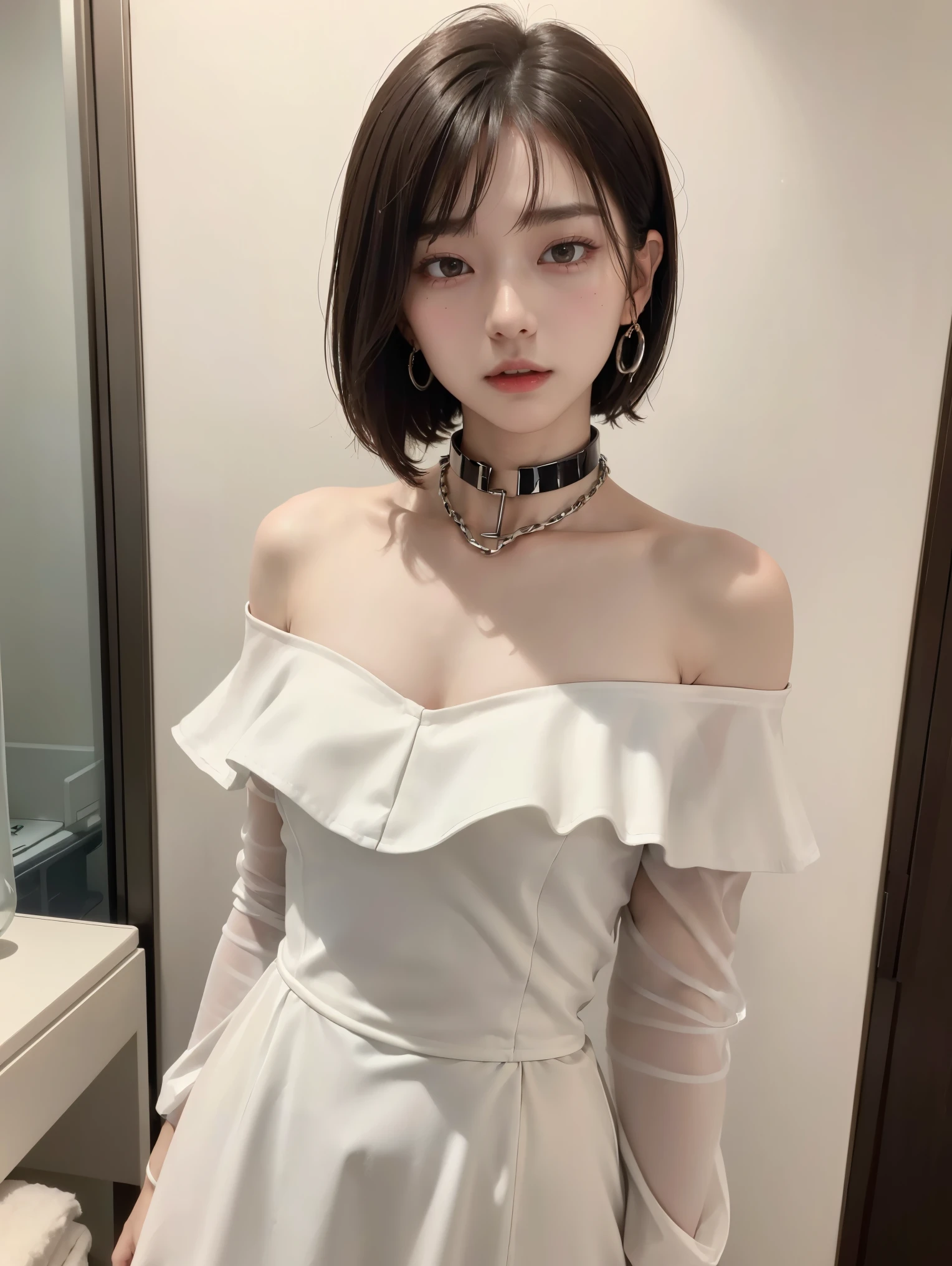 (Androgynous beautiful man:1.3)、(Bob Hair)、(best quality:1.4)、(masterpiece:1.4)、((masterpiece))、 RAW photos 、8k、((best image quality))、 ((high resolution))、brown hair、(Thick chain collar:1.3)、White Party Dress、Long dress、Off Shoulder、sexual excitement