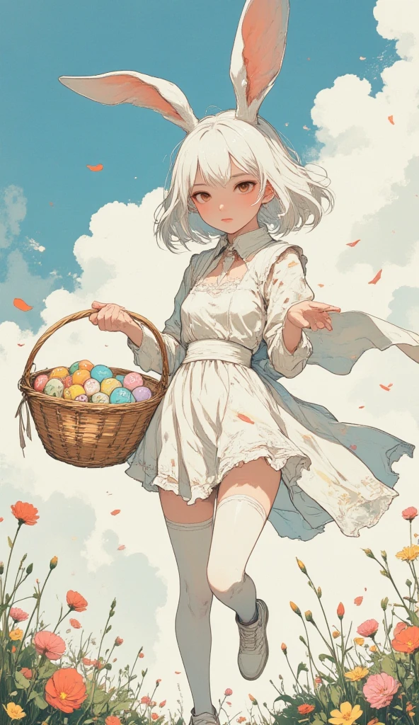 "(best quality, high resolution, masterpiece:1.4)、8k、((Handwriting、Watercolor Pencil Drawing  )) photorealistic、excellent artistic performance, photorealistic、excellent artistic performance. anime style, 1 girl, full body shot,
(Easter bunny girl, white rabbit ears, white dress, fluffy collar, balloon skirt, rabbit tail, white lace tights, white shoes, short white hair, bangs, beautiful face, big red eyes, double eyelids, glossy lips, slender waist, wide ass and thighs),
(holding a large wicker basket, the basket is filled with colorful eggs and candies),
Fantasy theme, staring at the viewer,  style:  hyper details, Soft texture , cinematic light showing me my vagina, dynamic composition, combines sacred purity and luscious romance."
