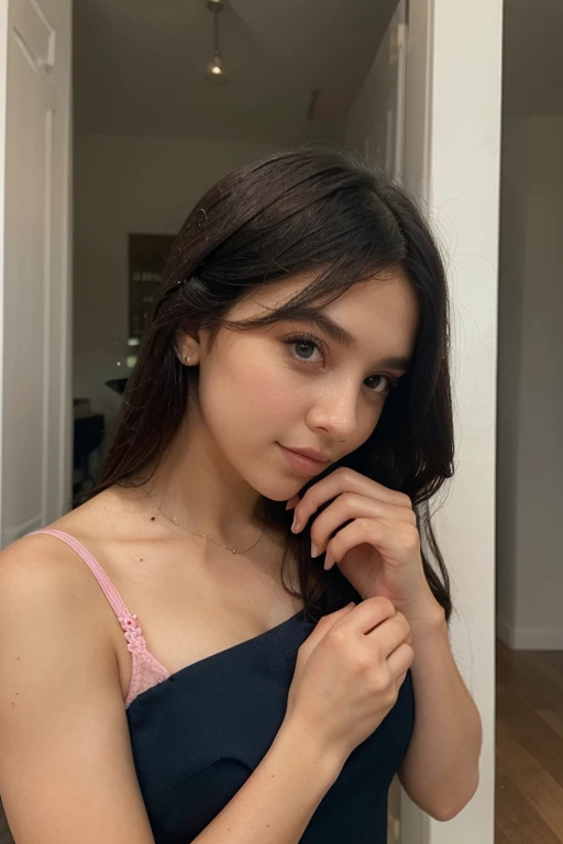 21yo girl,black hair, (updo hair). Wearing pink tanktop and white hoodie, natural medium breast, grey backgound