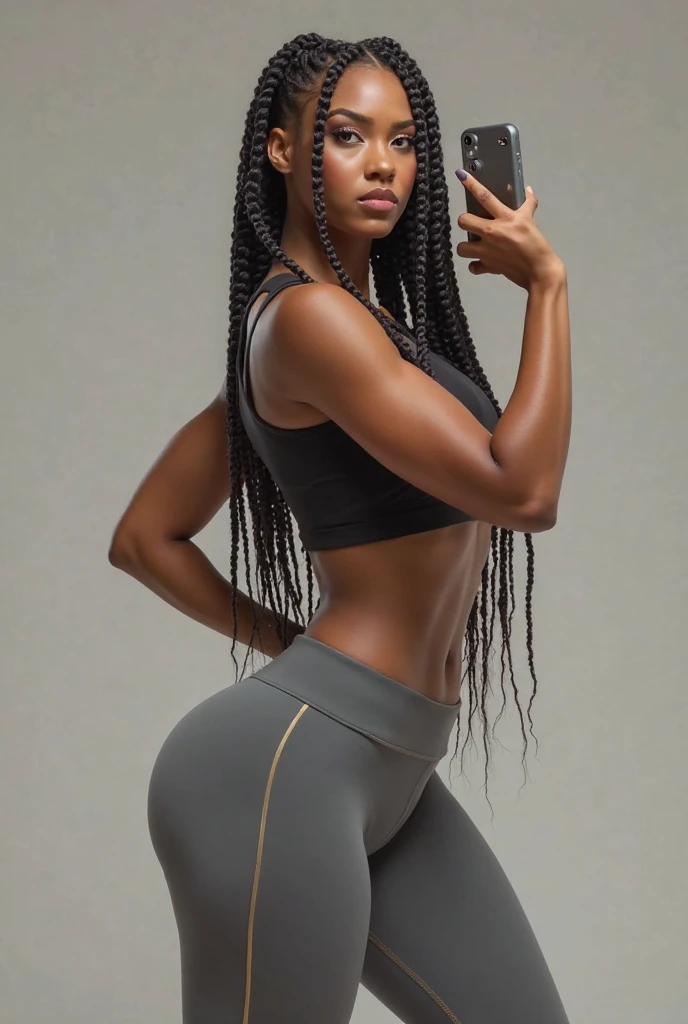 Full body, (Julia), 25-yo, (a stylish Russian), black hair, dreadlocks, amber eyes, makeup, fingersmile, smile, Hyperrealism, ray tracing, cinematic lighting, cowboy shot, f/2.8, Canon, 35mm, UHD, masterpiece, anatomically correct, slender body, sporty outfit, textured skin, super detail, best quality, 16k
