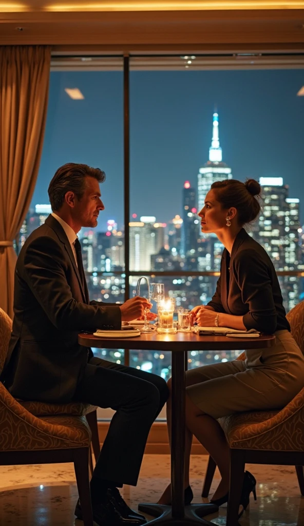 ((best quality)), ((masterpiece)), (detailed), perfect face Adrian and Isabella sit at a small table, leaning in slightly as they engage in deep conversation. Adrian's expression is attentive and interested, while Isabella gestures lightly, her face illuminated by the soft, ambient light. The cityscape behind them adds a romantic touch to the scene.