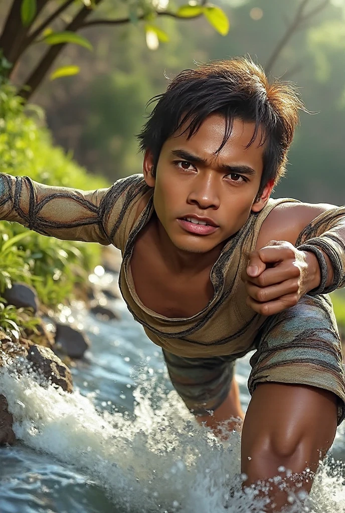 handsome, muscular shirtless man, covered in mud, 