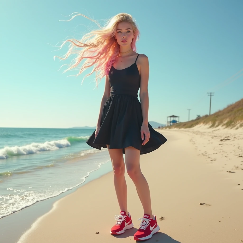 Photo of a sad girl on the beach, shiny pink leotard, full-body, russisches Gesicht, Perfect Body, small boobs, 18 Jahre alt, Lovely face, majestic, beautifully , Goddess, unglaublich, Angstausdruck auf ihrem Gesicht, langes Haar, komplexe Position, big sky, realistisch, detailliert, Meisterwerk, additional film grain, professionelle Beleuchtung, professionelle Fotografie, neutrale Farben, dim colors, natural lightting, fotorealistisch, Gute Komposition, 4K, High Definition, Kunst von Stanley Kubrick