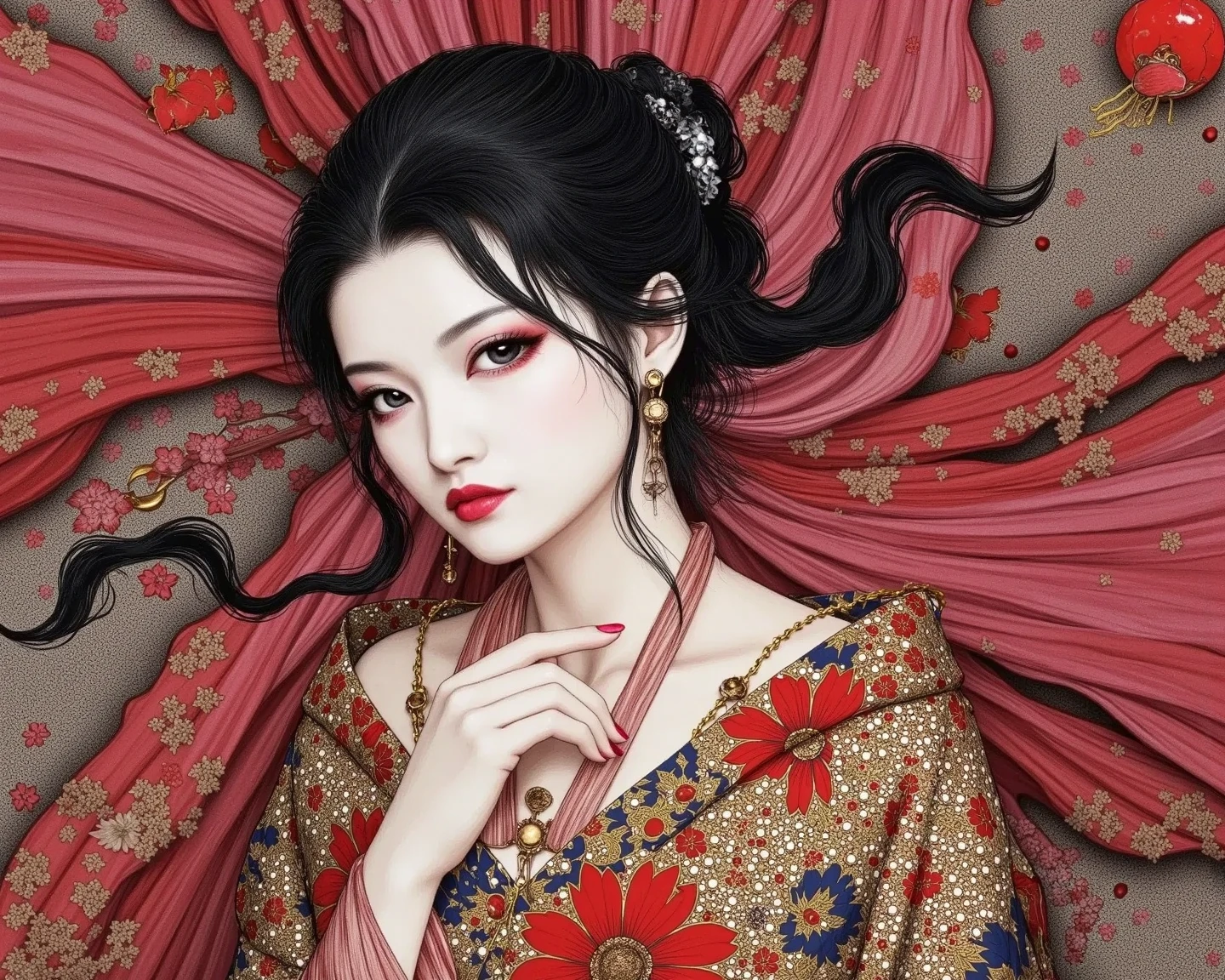  woman in kimono、dark eyes、long hair、anatomically perfect、beautifully and accurately depicted fingers、accurately depicted toes、Crimson petals dancing beautifully、The background is a complex geometric pattern using circles and triangles、abstract digital art、Surrealism、Ultimate Curvy 、Fantastic Fantasy Artwork、Octane Rendering、 Abstract Artwork、Fine and dynamic expression、Extremely complex and super detailed、best quality、high image quality、masterpiece、8K、high precision、absurd、