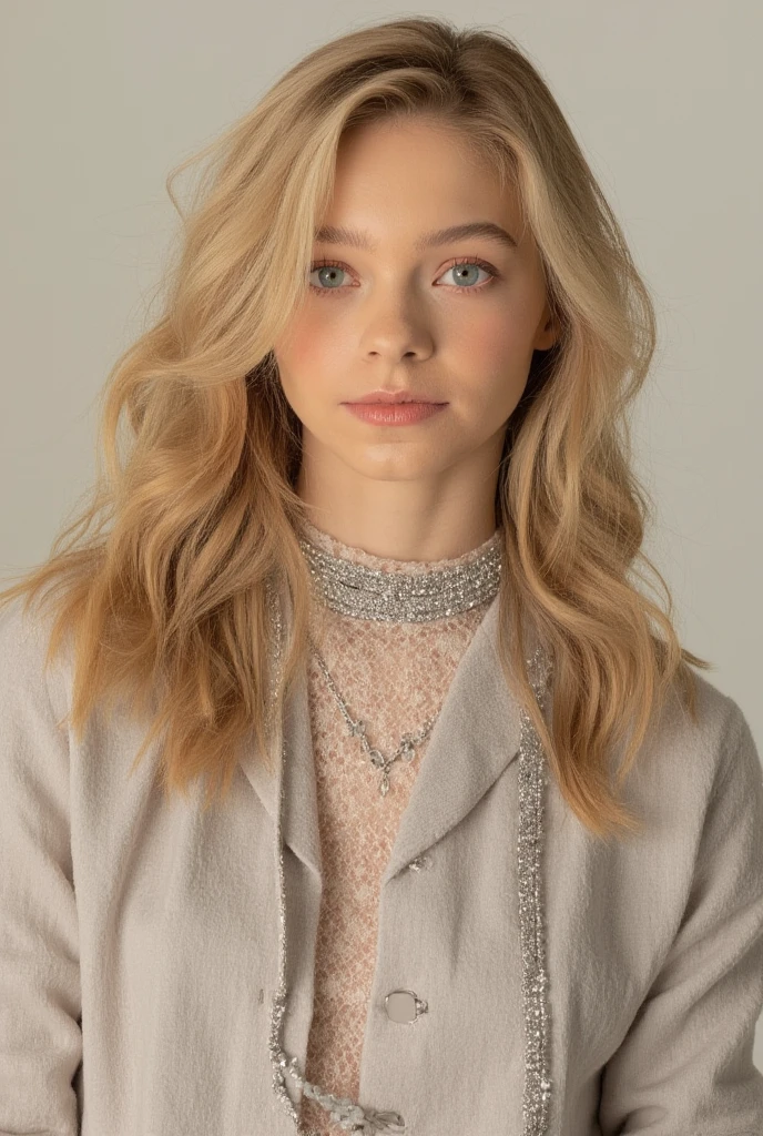 "Full body portrait of a charming girl with curly hair, figure, beautiful face, captivating blue eyes, and large bust size, showcasing her natural beauty. She is wearing a blue sweater."