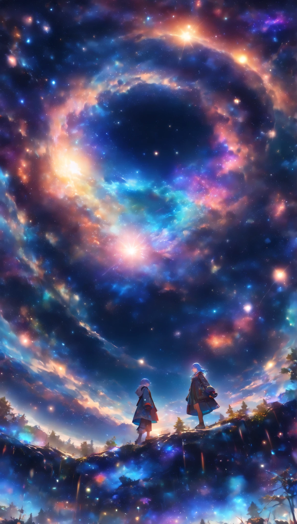 expansive landscape photography (a view from below showing the sky above and an open forest below), girl standing on a paved path looking at the landscape, woman, (particle of light around the woman), blue hair (long and bushy), heated outfit (made of high quality fur and embroidery), night setting, (full moon: 1.2), (shooting stars: 0.9 ), (nebula: 1.3), (warm light source: 1.2), (Firefly: 1.2), (snowflake: 1.0), (snow on tree) (masterpiece: 1.2), (best quality) , 4k, ultra detailed, (dynamic composition: 1.4), very detailed and colorful details, (iridescent colors: 1.2), (vivid lighting, ambient lighting), dreamy, magical, (alone: 1.2)