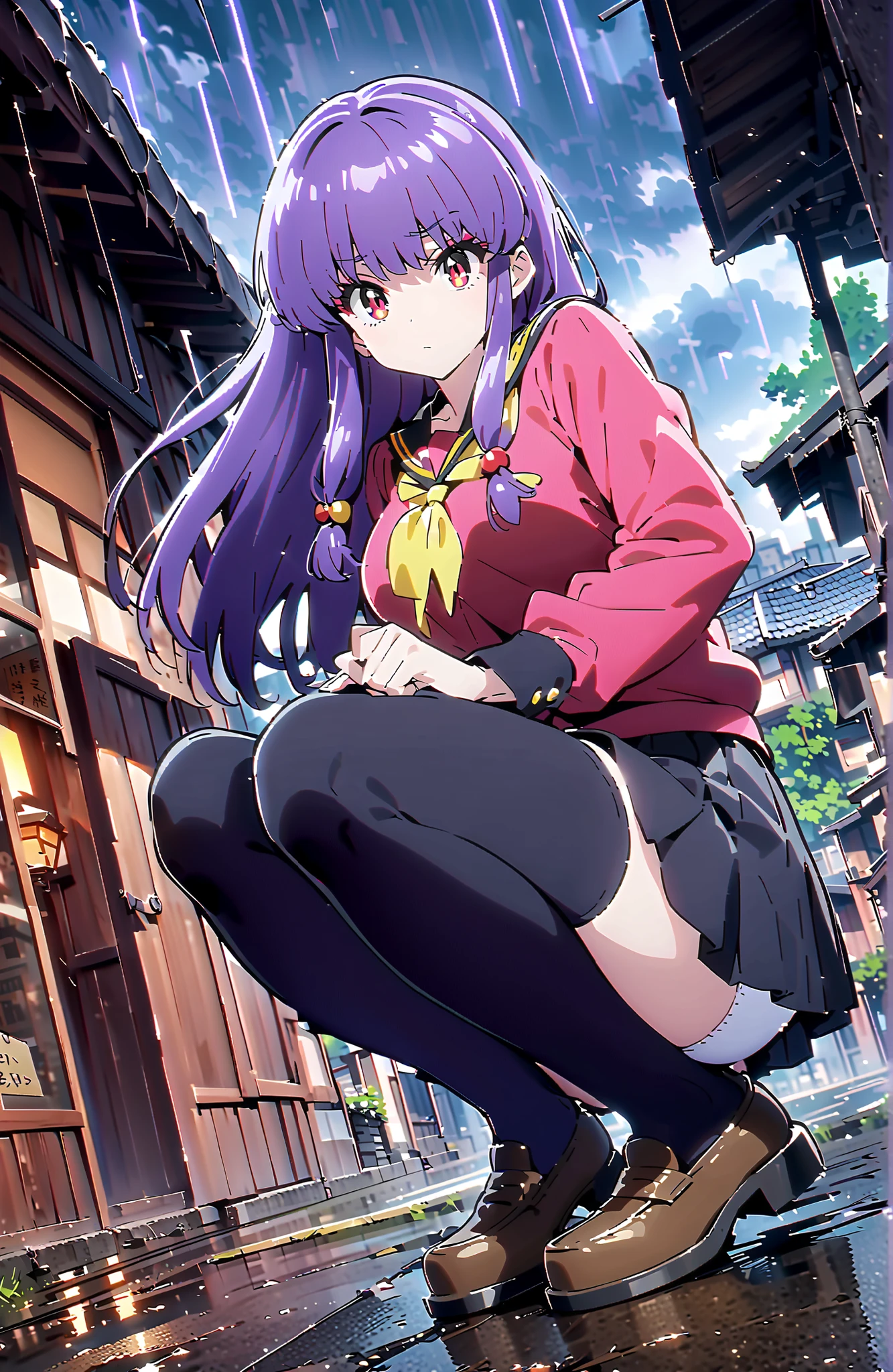score_9, score_8_up, score_7_up, source_anime,  shampoo, shampoo (Ranma 1/2), long hair, hair ornament seen from the side, Red Eyes, purple hair, hair bun, double bang, Medium breast, Black Sailor Suit, black mini pleated skirt ,Black thigh high socks,loafers,white panties,squatting,I'm holding the umbrella grip with one hand,angle from below,rain,cloudy,full bodyがillustrationsに入るように,in their 40s outdoors, residential area,
in their 40s looking at viewer,full body,
in their 40s (masterpiece:1.2), best quality, high resolution, Unity 8k 壁紙, (illustrations:0.8), (beautiful detailed eyes:1.6), highly detailed face,  perfect lighting on the table, extremely detailed CG, (perfect hand, perfect anatomy),
