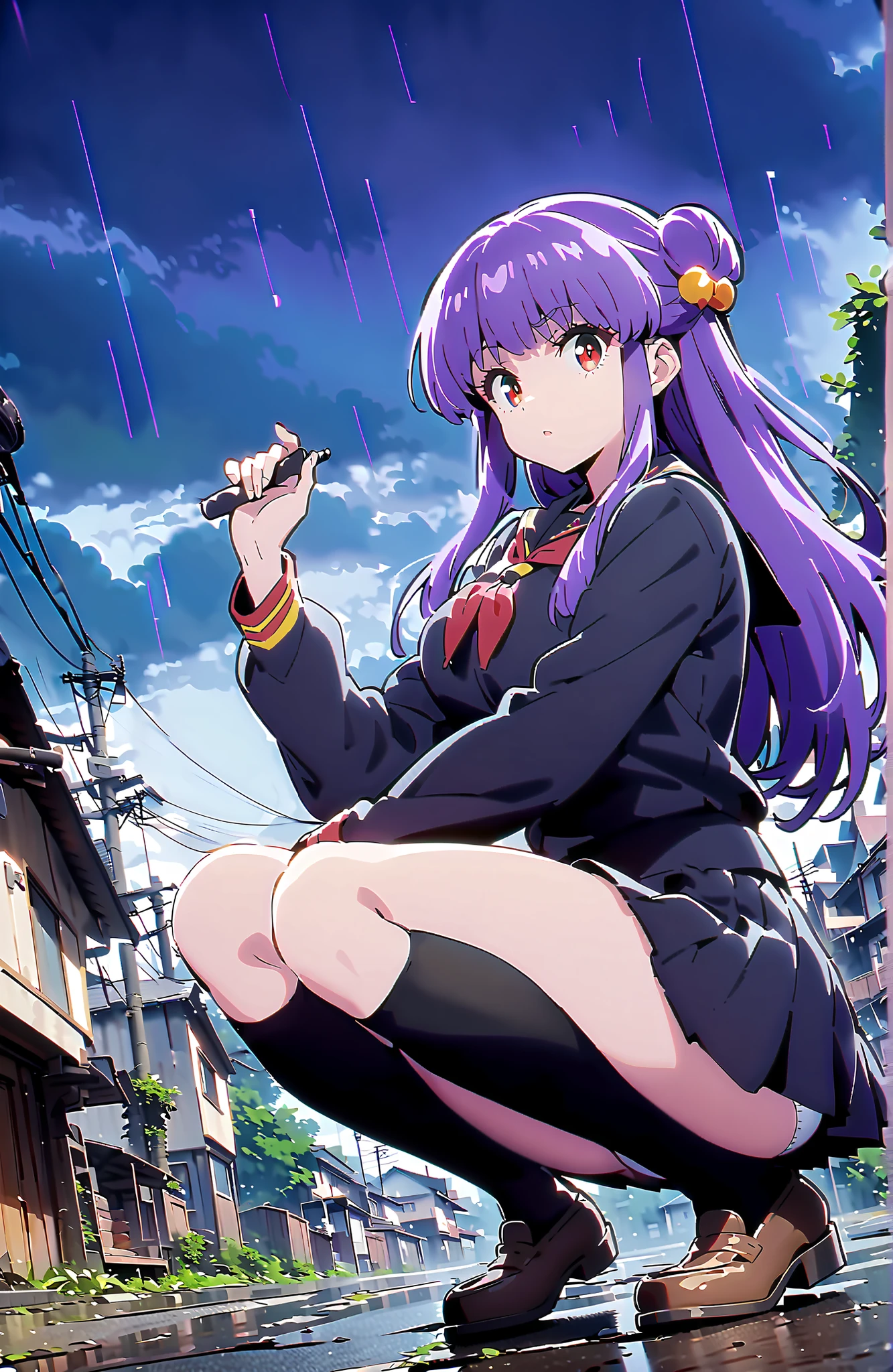 score_9, score_8_up, score_7_up, source_anime, shampoo, shampoo (Ranma 1/2), long hair, hair ornament seen from the side, Red Eyes, purple hair, hair bun, double bang, Medium breast, Black Sailor Suit, black mini pleated skirt ,Black thigh high socks,loafers,white panties,squatting,I'm holding the umbrella grip with one hand,angle from below,rain,cloudy,full bodyがillustrationsに入るように,in their 40s outdoors, residential area,
in their 40s looking at viewer,full body,
in their 40s (masterpiece:1.2), best quality, high resolution, Unity 8k 壁紙, (illustrations:0.8), (beautiful detailed eyes:1.6), highly detailed face, perfect lighting on the table, extremely detailed CG, (perfect hand, perfect anatomy),