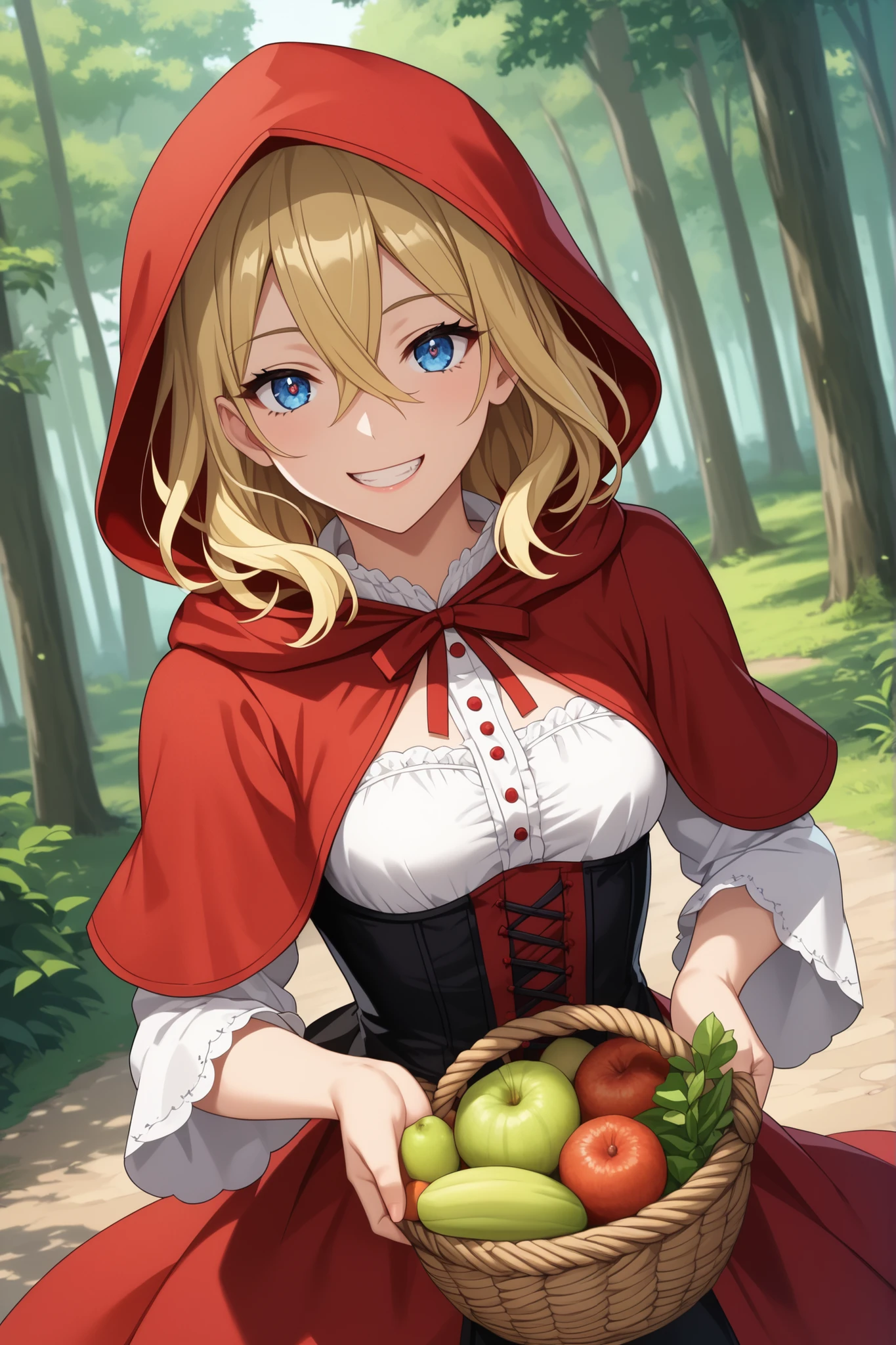 Absurdes, highly detailed, highres, high quality, best quality, score_9, score_8_up, score_7_up, score_6_up, Game CG, Anime style, ((high resolution)), (((masterpiece))), (((best quality))), {illustration}, {beautiful detailed eyes}, solo, young woman, red eyes, fair skin, ((blonde hair color)), (medium hair), ((hair between eyes)), blue eyes, small breast, (((Red riding hood))), red dirndl dress, fully clothed, hooded robe, ((holding a basked)), basket of food, pleasant smile, joyful smile, grin, showing teeth, squinting, looking down at viewer, standing, ((Fantasy forest background)), high dutch angle view, ((Dynamic cowboy shot)), (((anatomically correct hand))), {{ratatatat74}}, ((anime screencap)), pixiv