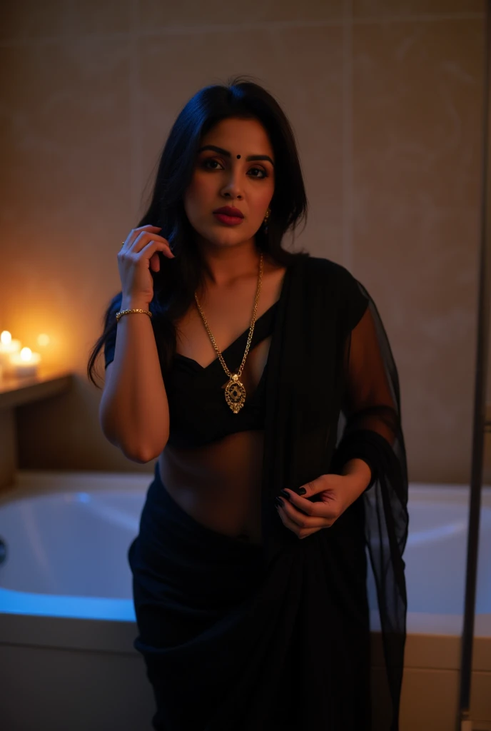 Cute dusky indian aunty in a sexy black saree in bathroom