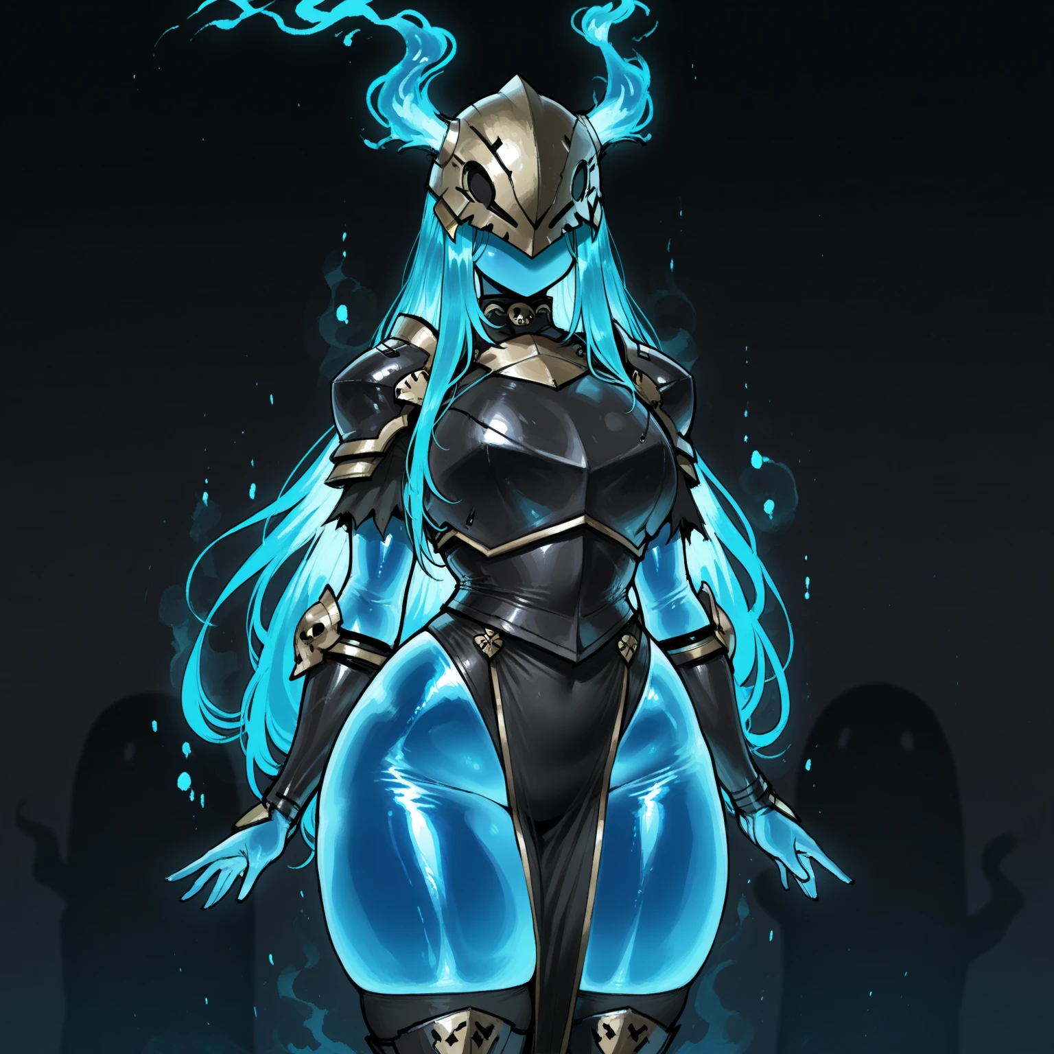 (masterpiece), (best quality), (high res) solo, (perfect anatomy) (perfect face, (Female slime), superheroine, (((full body super heroine black armor))), (slime girl), teenager, (((transparent))), (gooey), (blue slime skin), (((glowing white irises))), (blue short shoulder length slime hair), wide hips, thick thighs, narrow waist, huge breasts, (standing on the rooftop), (futuristic city), (night) ((transparent body)), smiling, ((slime)) ((blue slime body)), ((((dark souls artstyle))))