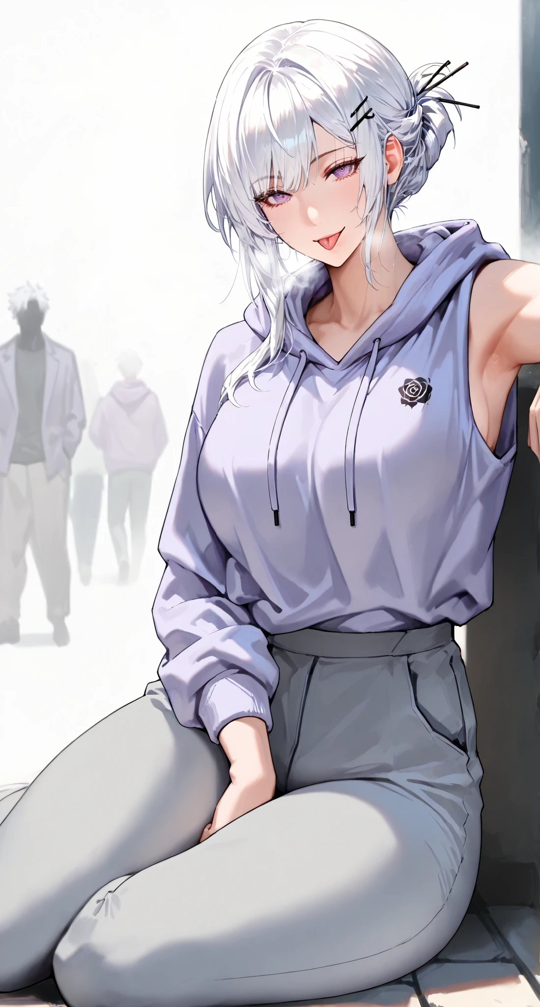 1 girl,hairpin hairstyle,White hair, Cold, dark face , high detail, conceptual art, page is super detailed, high details, high quality, best quality, Dark Purple Eyes, White hair, beautiful, tall, emotionless, dark face ,{Hairpin Hairstyle} , weakly happy , medium, Light Purple Eyes , ((feminine )), (( handsome female face)), handsome, bite_1024, ( wearing a light purple hoodie), masterpiece, full body, alone, blurred background , white background, Cold expression (close up), light atmosphere , 1 girl, , perfect face, White hair,,extra thick thighs,Full image,extra thick thighs,The hair that highlights the thighs ,Light purple hoodie,tall,tall ,cicadas are now lying down slightly, long pants,light gray blue Japanese pants,{ long pants},Grab a light blue rose,eyes lips、eye socket、smiling skin、Eyebrow、Meat quality。Lower eyelashes, normal neck , medium ,Armpits,Charming Smile,Tongue out,Tongue studs,{Real faces with clear facial features}
