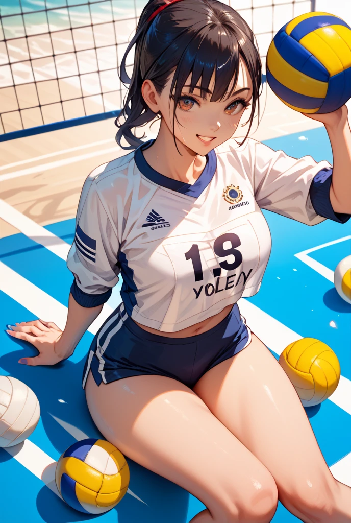 ((((perfect anatomy, anatomically correct, super detailed skin)))), 1 girl, japanese, 16 years old, volleyball player, shiny skin, watching the view, 
 beautiful hair, beautiful face, beautiful detailed eyes, brown eyes, (short hair:1.2, bob cut:1.2), babyface, mole under eye, 
 beautiful collarbones, beautiful body, beautiful breasts, beautiful thighs, beautiful legs, large breasts:0.5, seductive thighs, cameltoe, bare arms, bare hands, bottomless, 
 ((symmetrical clothinetallic)), (((buruma), sleeveless volleyball uniform)), break, 
 smile, sitting floor, (((m leg, spread legs))),
 (beautiful scenery), evening, day, ((volleyball gymnasium, volleyball cort)), 
 (8k, top-quality, masterpiece​:1.2, extremely detailed), (photorealistic:1.2), beautiful illustration, natural lighting,