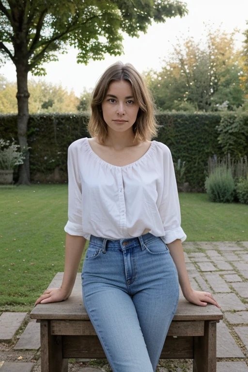 ((Best quality)), ((Meisterwerk)), (detailliert), perfektes Gesicht, European Young Woman, dunkle Haare, vor dem Brandenburger Tor, whole body is visible, wears a pair of jeans, White shoes ,white top